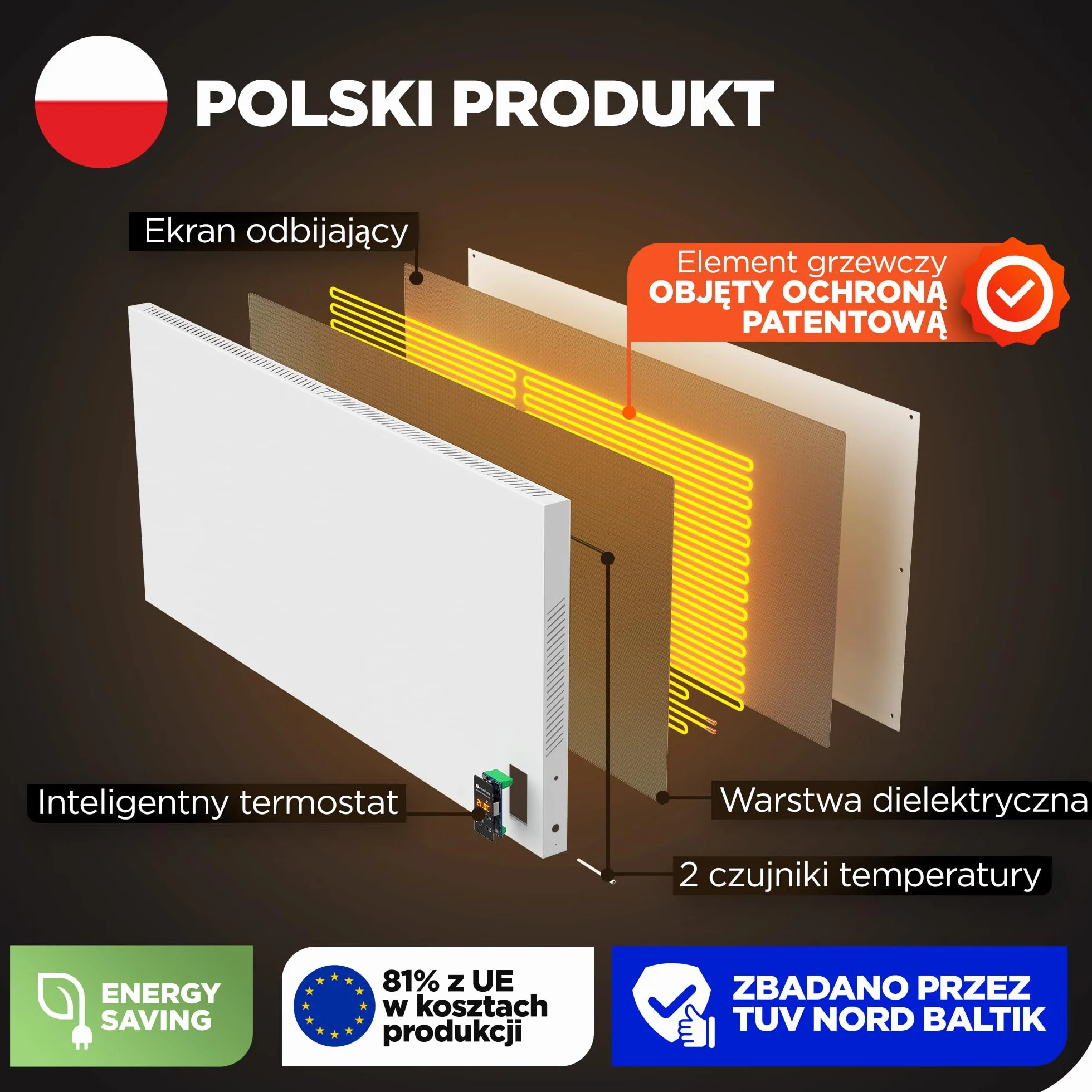 TermoPlaza WiFi Grzejnik na podczerwień z termostatem 1100 W do 28 m² | Inteligentny grzejnik ścienny i stojący | Energooszczędny elektryczny grzejnik konwektorowy do domu i łazienki