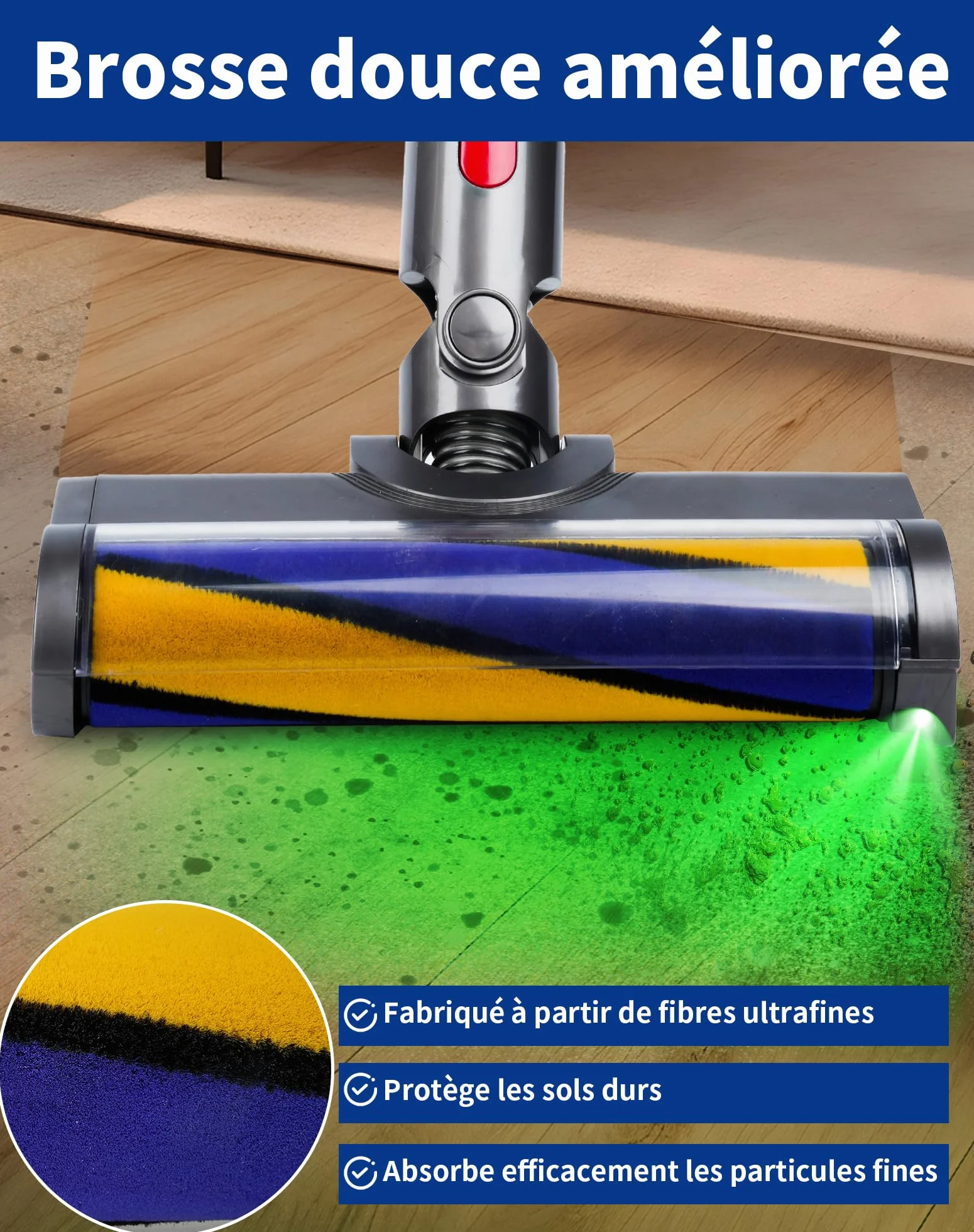 Szczotka do Dyson V7 V8 V10 V11 V15 – Głowica z zielonym światłem LED ujawniająca i zasysająca niewidoczny kurz – Szczotka silnikowa do odkurzacza Dyson – Końcówka zamienna do twardych podłóg
