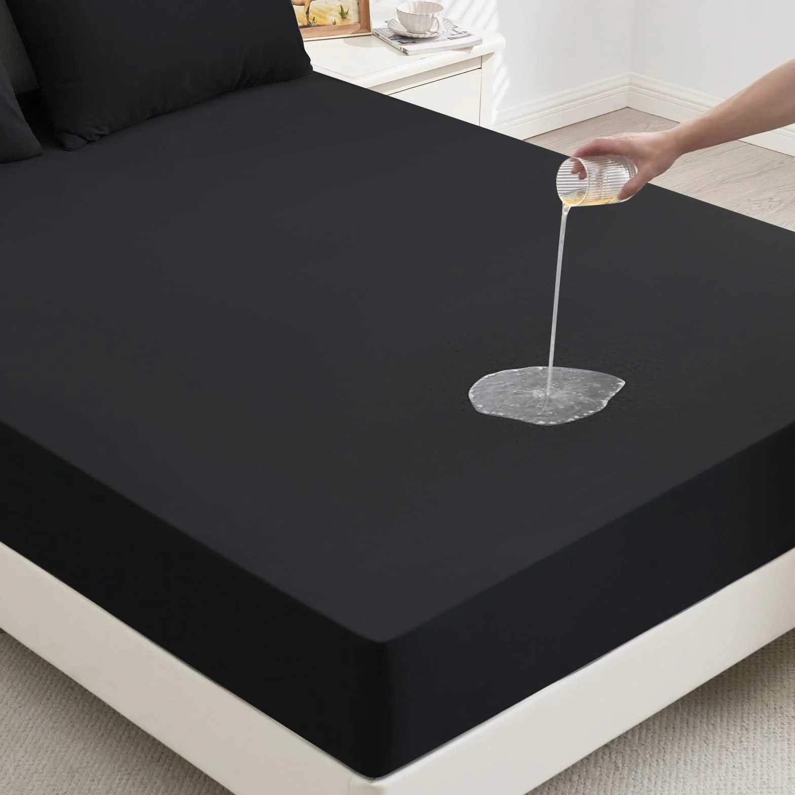 Ochraniacz na materac 90 x 200 cm, wodoszczelny, ochrona materaca, oddychająca, na materac do 30 cm, podkładka przeciw nietrzymaniu moczu, nadaje się do prania, ochrona przed wilgocią, czarna