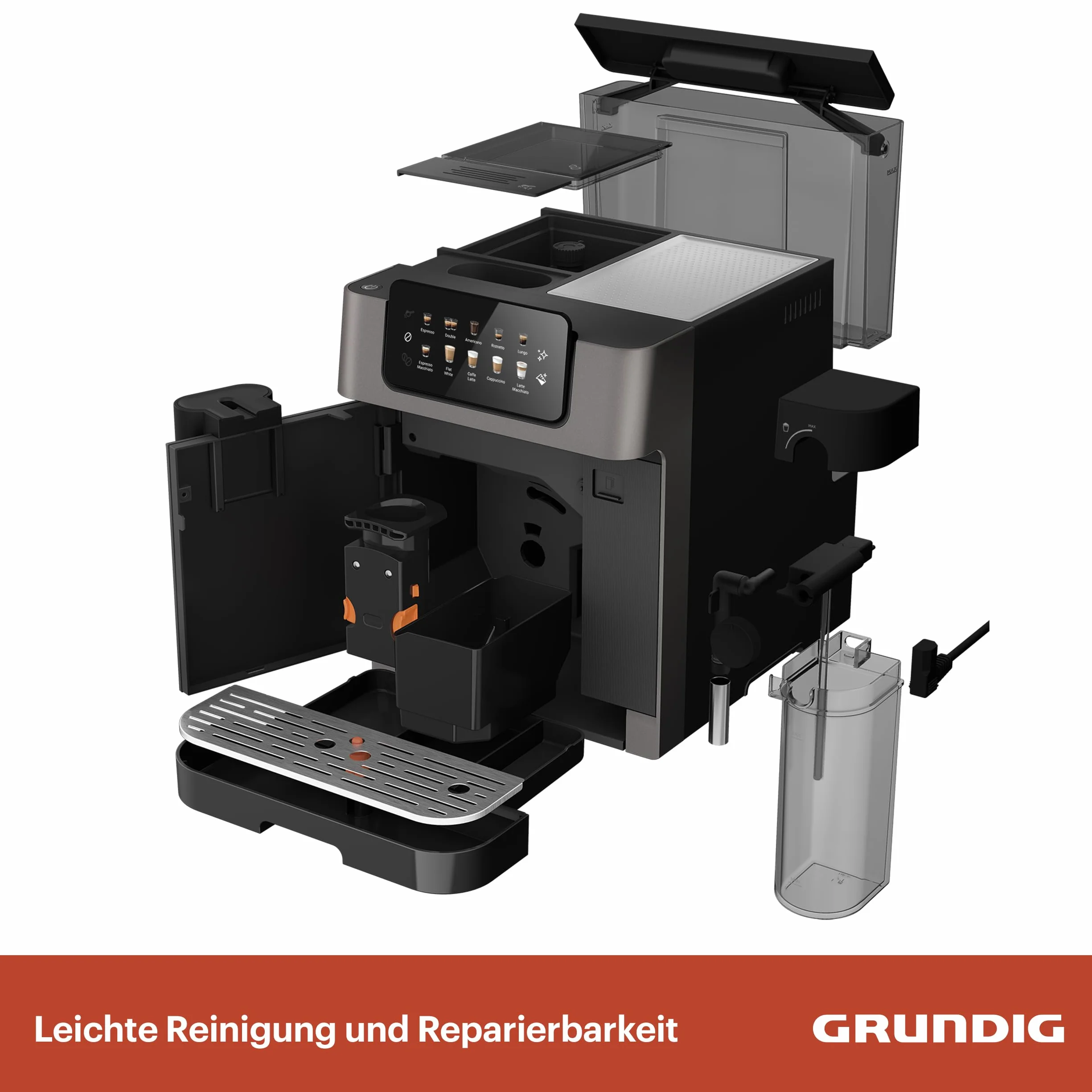 Grundig KVA 7230 ekspres do kawy, 10 specjałów do kawy, 13 stopni mielenia, pojemnik na mleko, wydajny 1350 W, ciśnienie pompy 19 bar, podwójna dysza, oświetlenie, czarny/ciemny srebrny