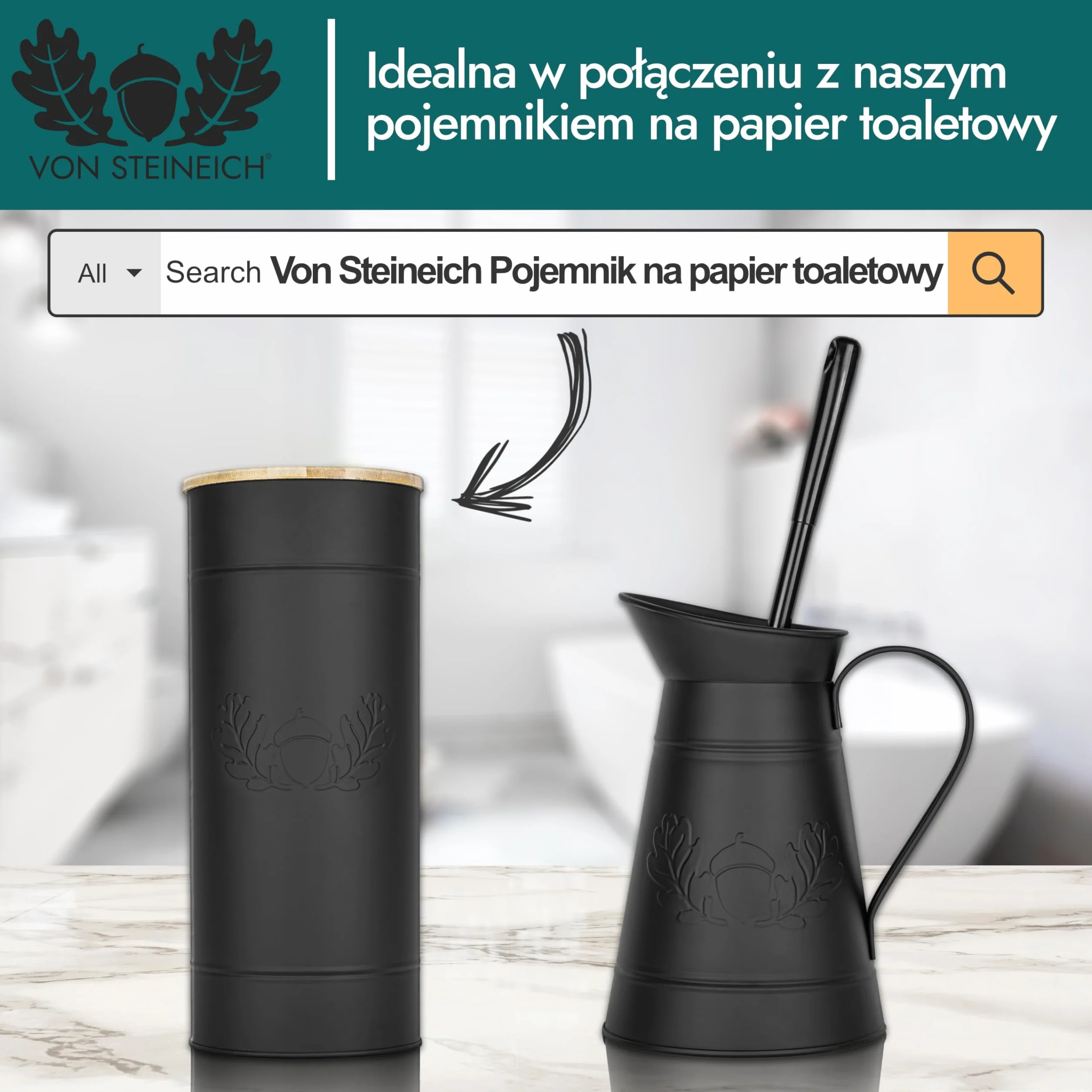 Szczotka toaletowa – metalowy dzbanek (czarny) – nierdzewna szczotka do WC – dekoracja retro i vintage do łazienki