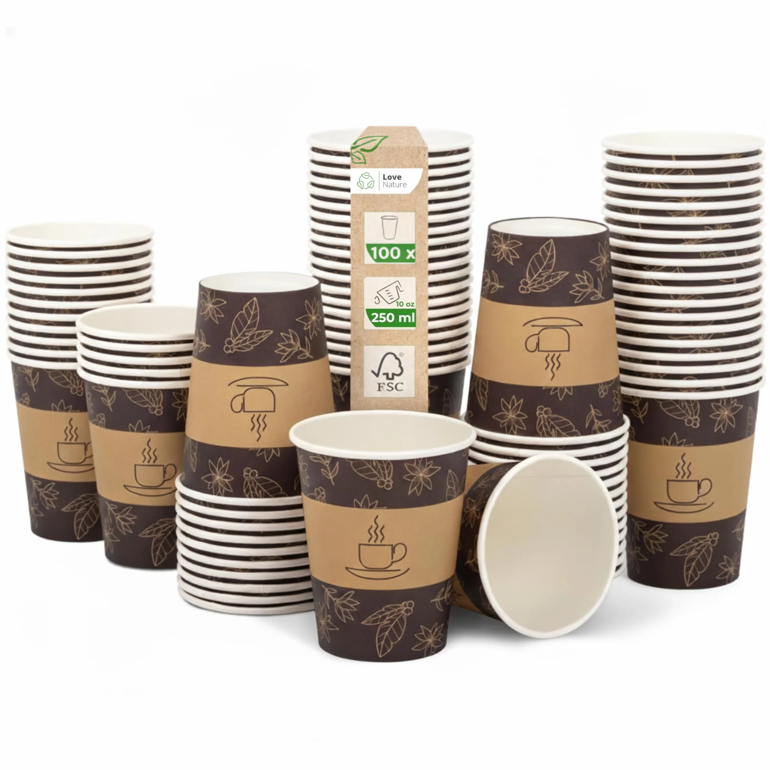 Love Nature Kubki papierowe 250 ml 100 sztuk - Kubki jednorazowe - Kubek do kawy na wynos - Bez plastiku