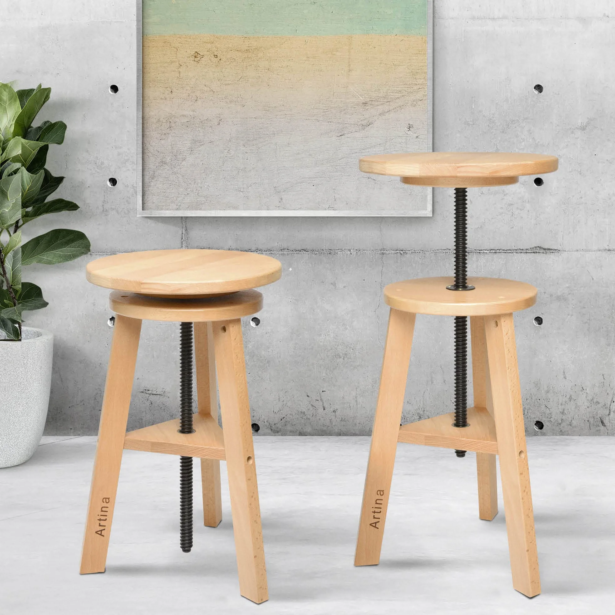 Artina Malhocker Arles Ø 30 cm powierzchnia siedziska, taboret obrotowy drewniany z regulacją wysokości 48-66 cm - okrągły taboret artystyczny obrotowy o 360 stopni i wytrzymały, drewno bukowe