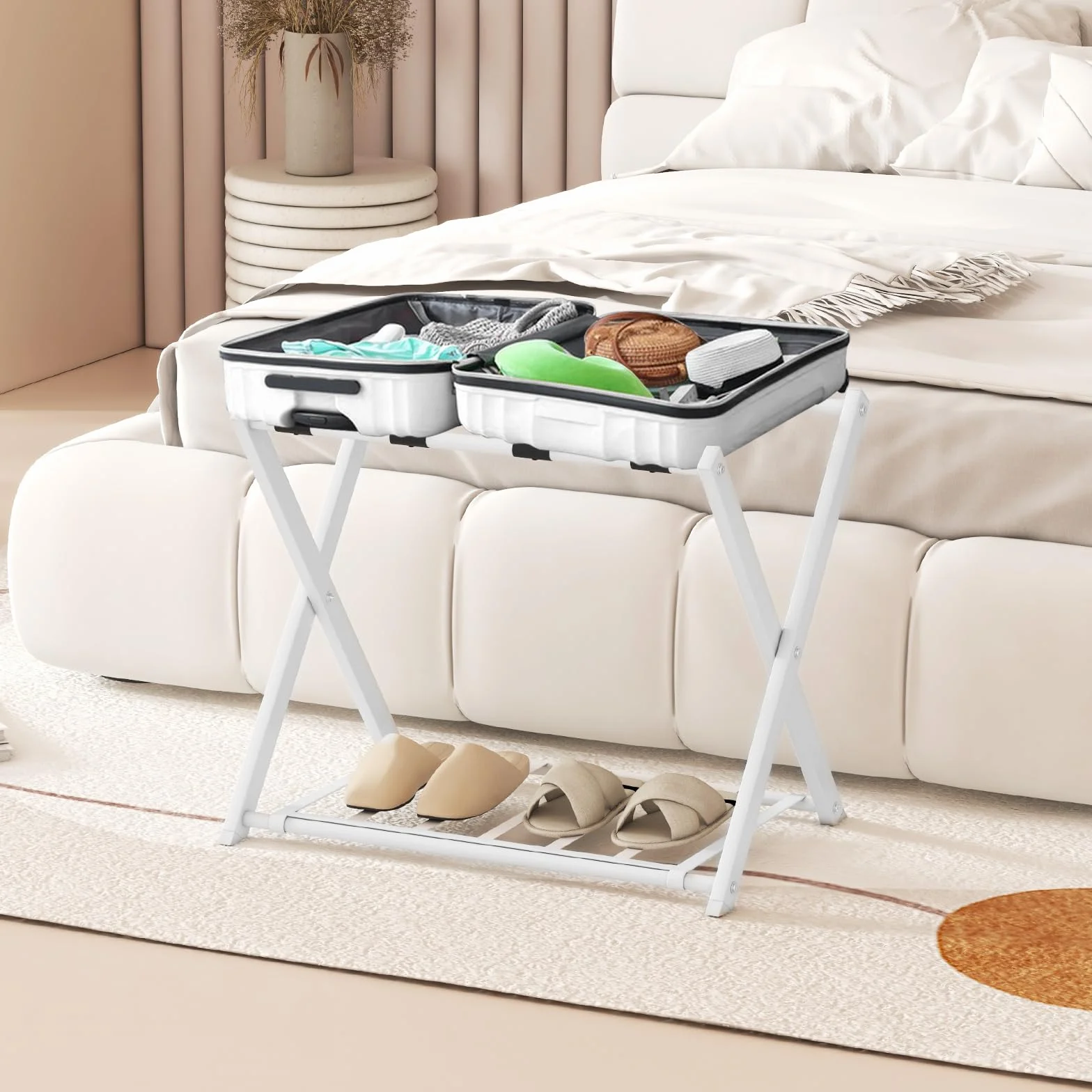 COSTWAY Stojak na walizkę, składany, 2-poziomowy design, metalowy stojak na walizkę, do sypialni, pokoju gościnnego, hotelu (biały, pojedynczy)