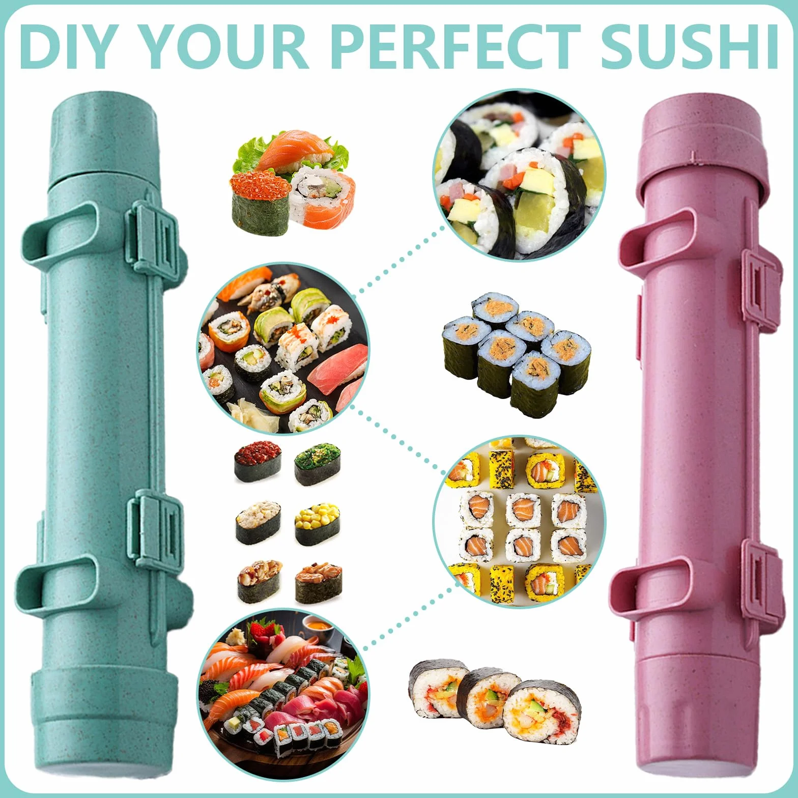 2-częściowy zestaw do sushi w kolorze różowym i zielonym | cylindryczne rolki do sushi i formy | zestaw do sushi "zrób to sam" do domu, na imprezę, piknik, łatwe czyszczenie i szybkie