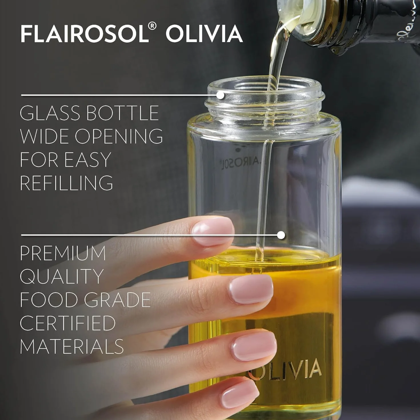 OLIVIA SIGNATURE Opryskiwacz do oleju kuchennego Flairosol, drobną mgiełką, szklana butelka z rozpylaczem