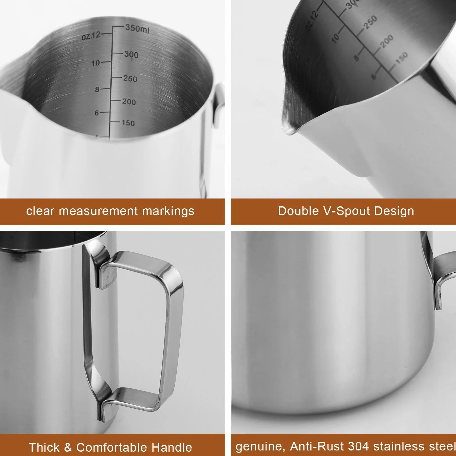 Metalowy spieniacz do mleka 350 ml z piórem Latte Art i 16 plastikowymi szablonami do kawy, dzbanek do gotowania na parze ze stali nierdzewnej 304 zawiera wewnętrzne linie pomiarowe, dzbanek do