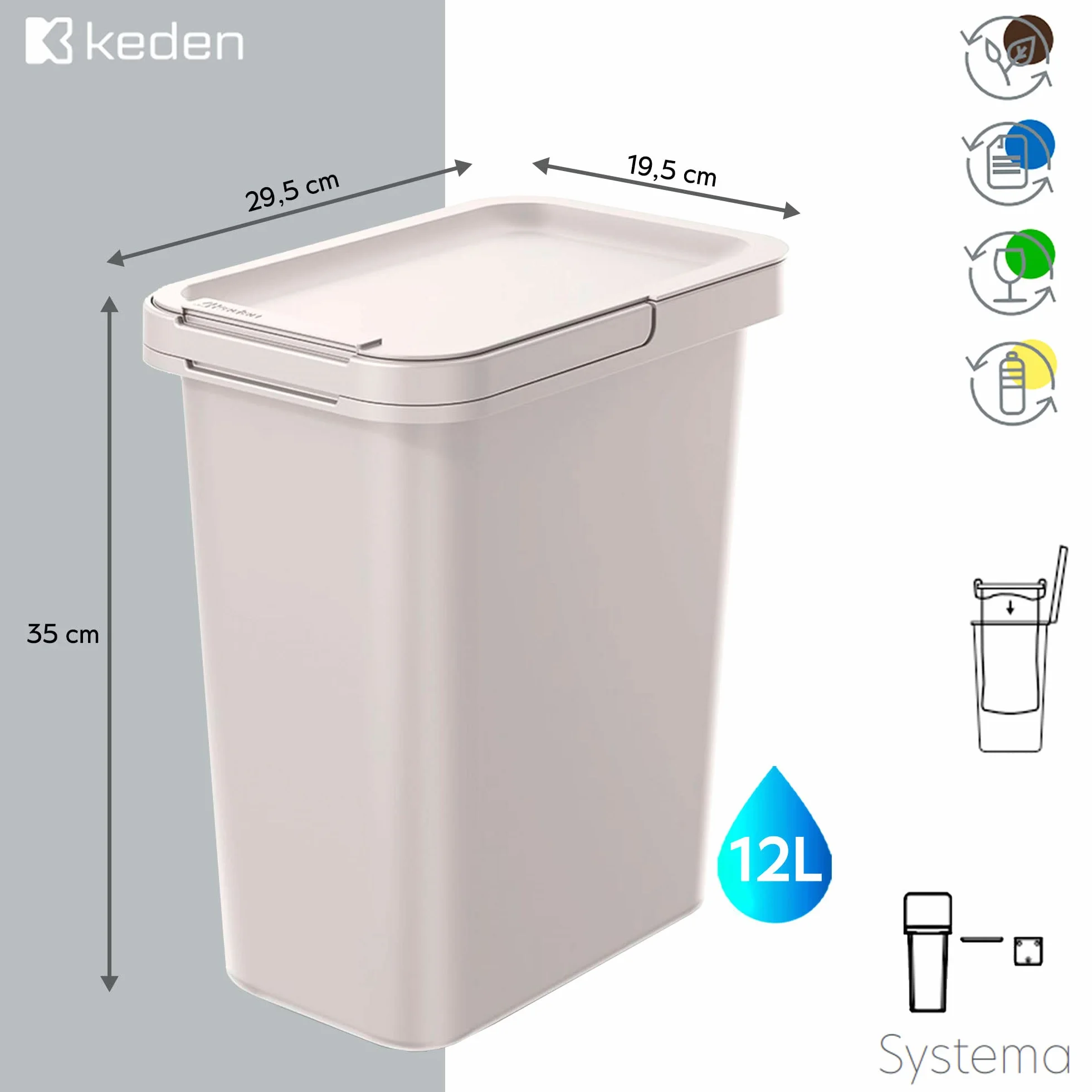 Kosz do recyklingu w kształcie kwadratu 12L biały KEDEN