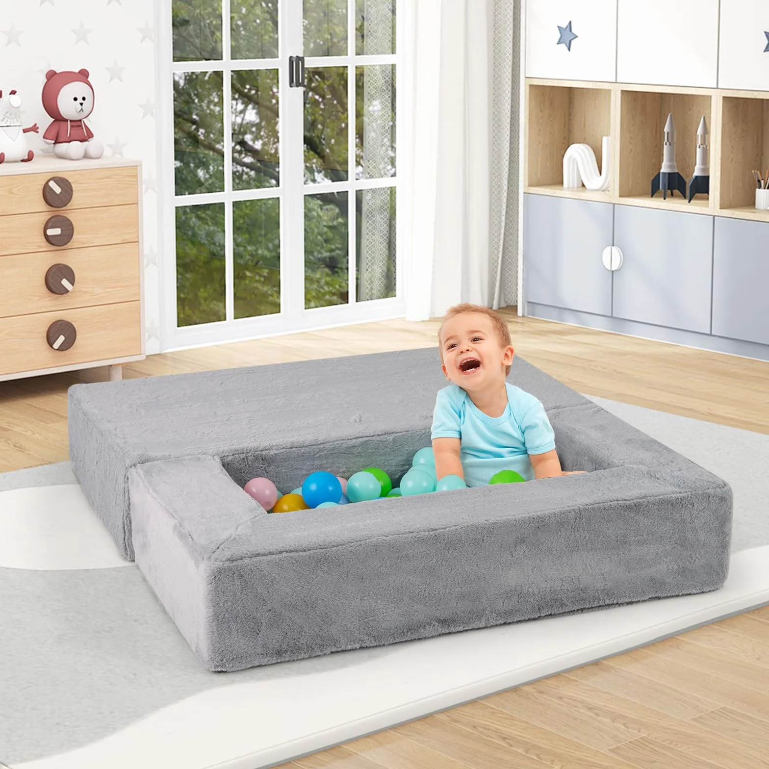 COSTWAY Modułowa sofa dziecięca, sofa do zabawy z pianki ze zdejmowanym pluszowym pokrowcem, rozkładana sofa modułowa dla chłopców i dziewczynek, fotel dziecięcy do pokoju zabaw, sypialni, pokoju