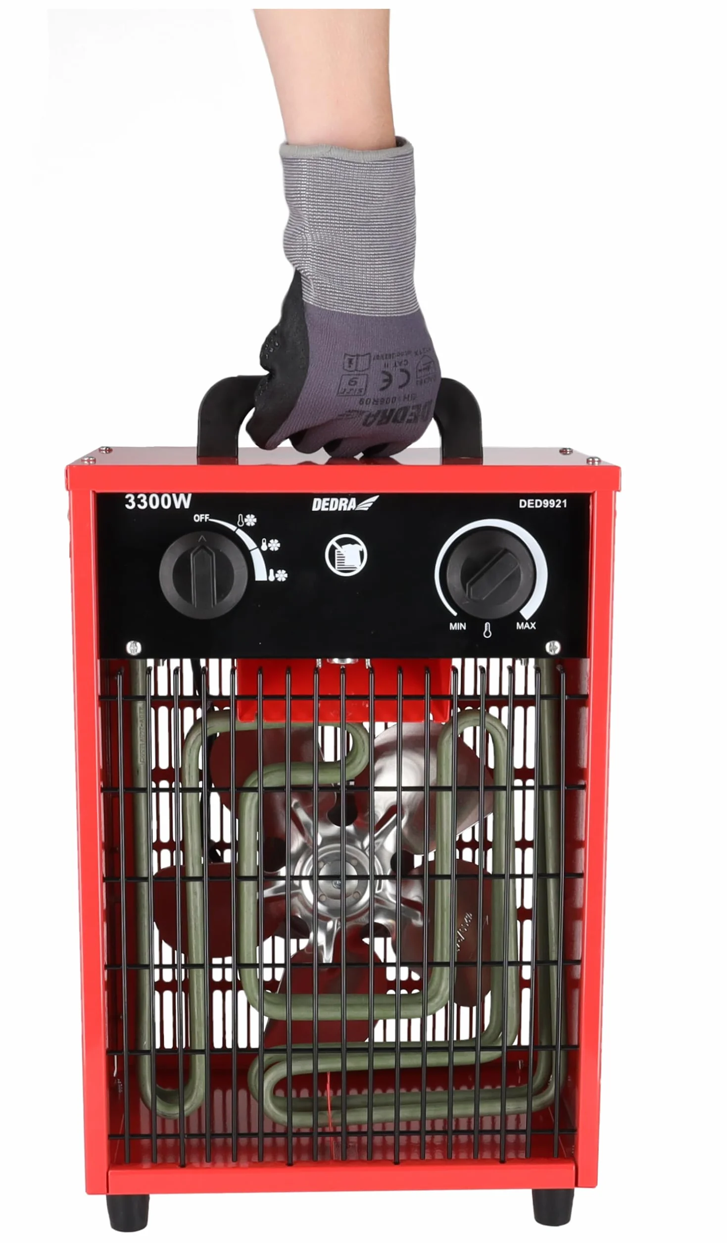 Dedra DED9921 – nagrzewnica elektryczna 3,3 kW, 230 V, 3 tryby pracy (wentylator, 1650 W, 3300 W), termostat, zabezpieczenie przed przegrzaniem, metalowa obudowa, uchwyt transportowy, do ~ 35m2