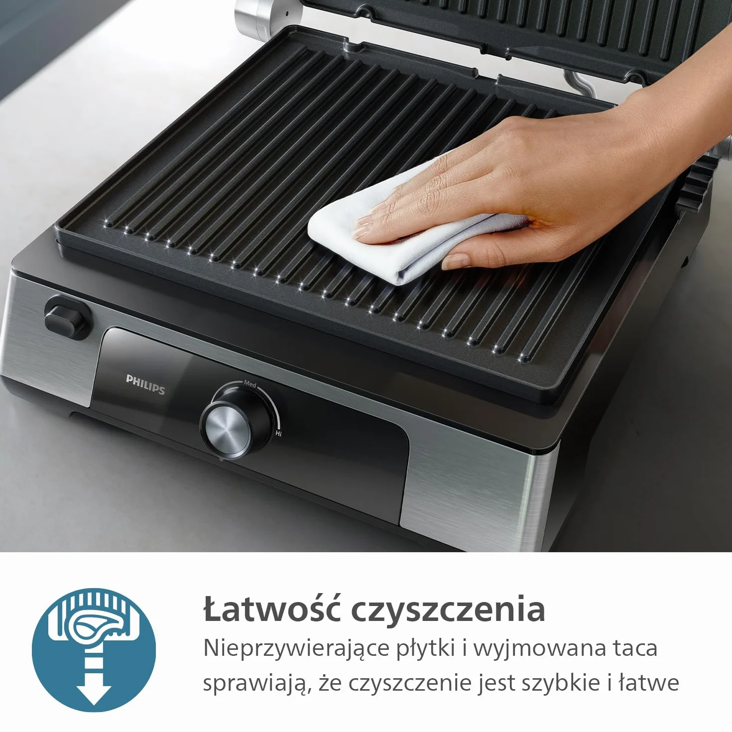 Philips Grill elektryczny - Regulowana temperatura. Duża powierzchnia grillowania i wysoka moc. Wyjmowane, nieprzywierające płytki i tacka na tłuszcz. (HD6301/90)