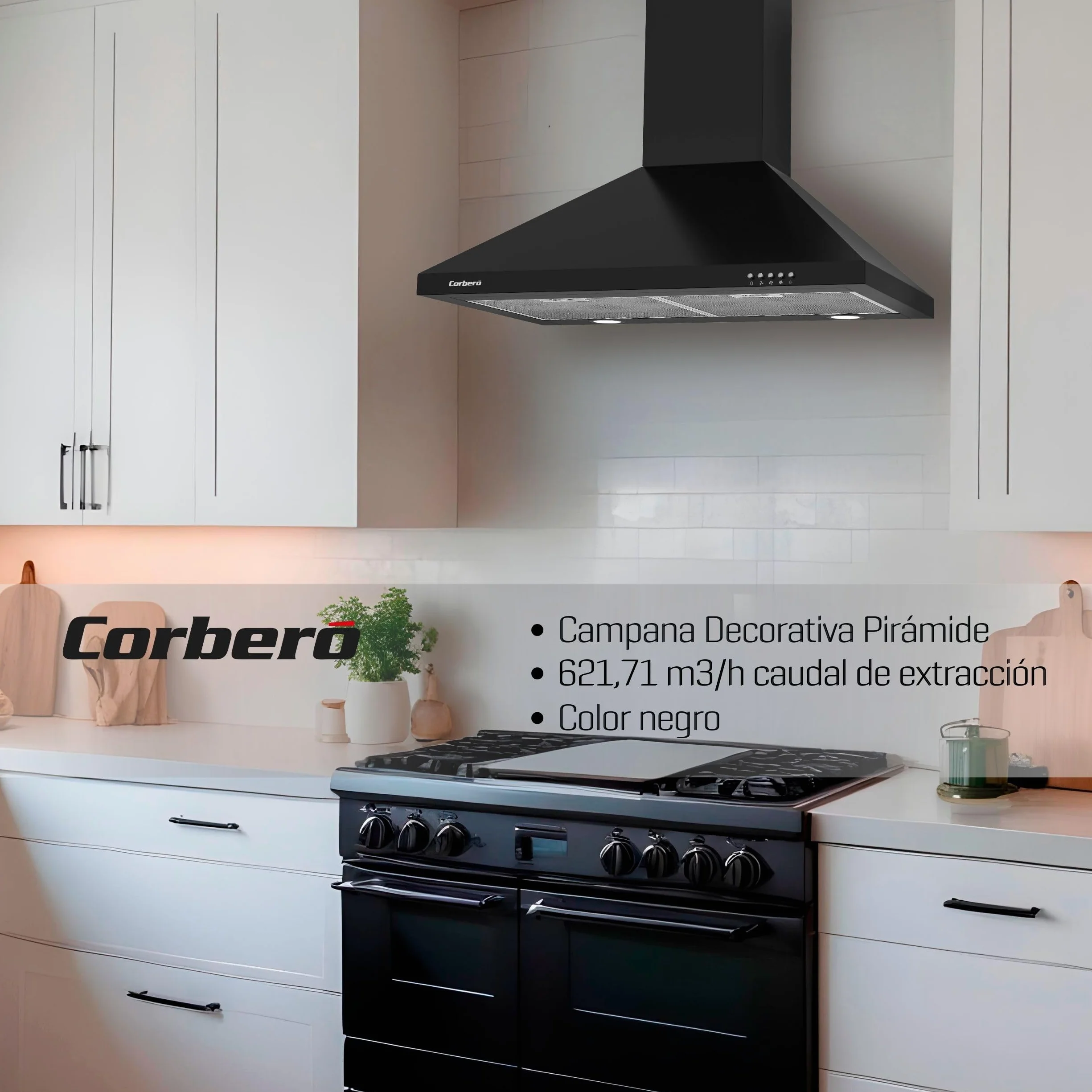 Corberó - dekoracyjny dzwonek piramidowy | 70 cm | KURAMATHI760B | Przepływ 621,71 m3/h | 165W | 3 prędkości | 2 filtry aluminiowe | filtr węglowy | efektywność energetyczna A, czarny