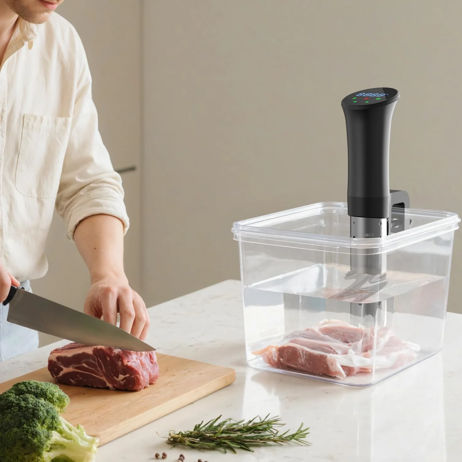 OUSFOT Sous Vide,Próżniowy Kucharz Termoregulacją Dokładną 0,1°C, Cyrkulacją Wody 3D, przepisami, idealny Zdrowej, Niskotłuszczowej Diety, Czarny