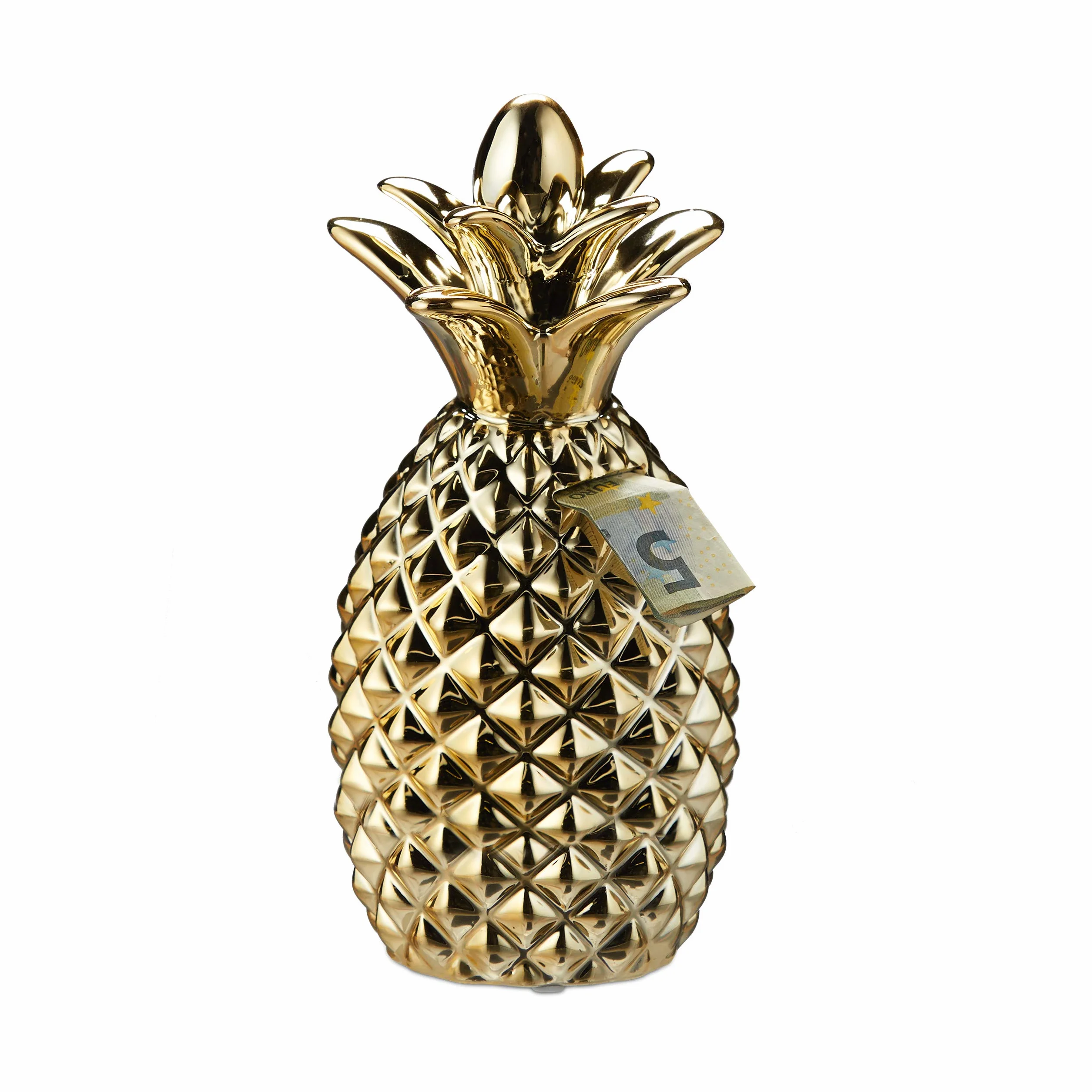 Relaxdays skarbonka ananas, dekoracyjna puszka na pieniądze, 24 x 10,5 cm, złoty