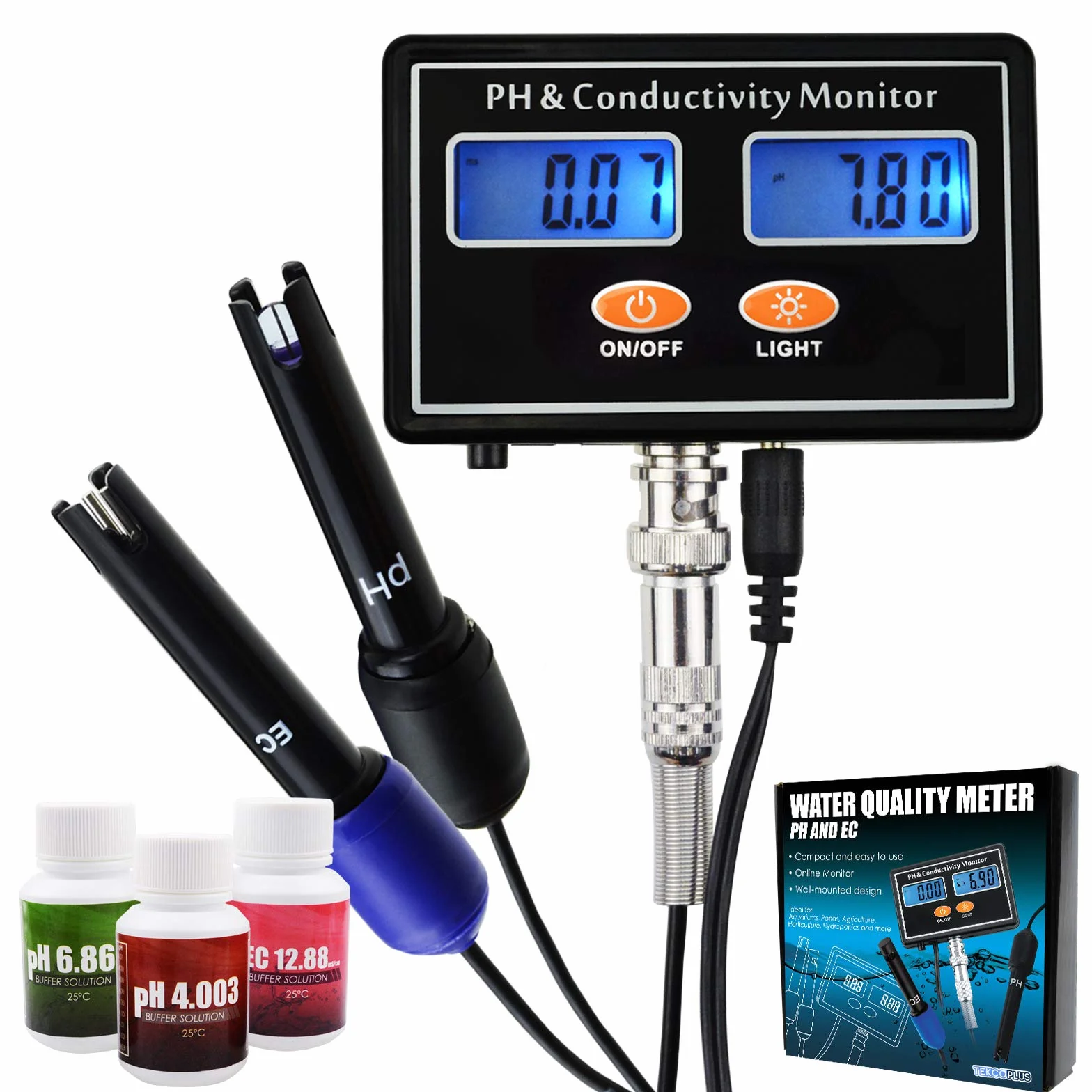 PH EC Przewodność Monitor Podświetlenie ATC Jakość wody Ciągłe monitorowanie w czasie rzeczywistym Pomiar Akumulator 0,00~14,00pH / 0~19,99m S/cm Akwakultura Akwarium Stad Hydroponic