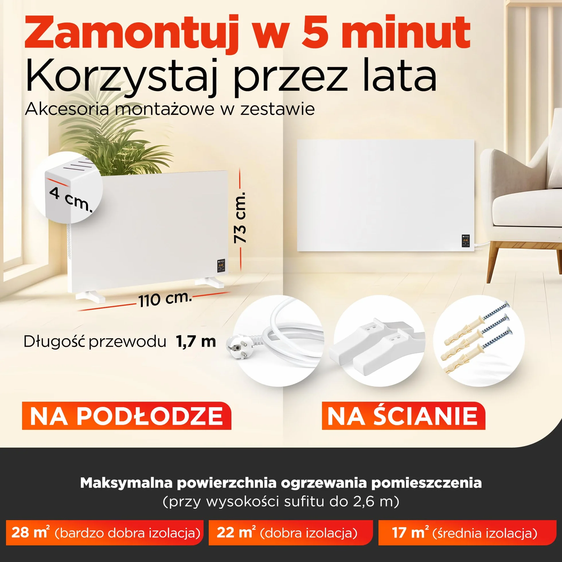 TermoPlaza WiFi Grzejnik na podczerwień z termostatem 1100 W do 28 m² | Inteligentny grzejnik ścienny i stojący | Energooszczędny elektryczny grzejnik konwektorowy do domu i łazienki