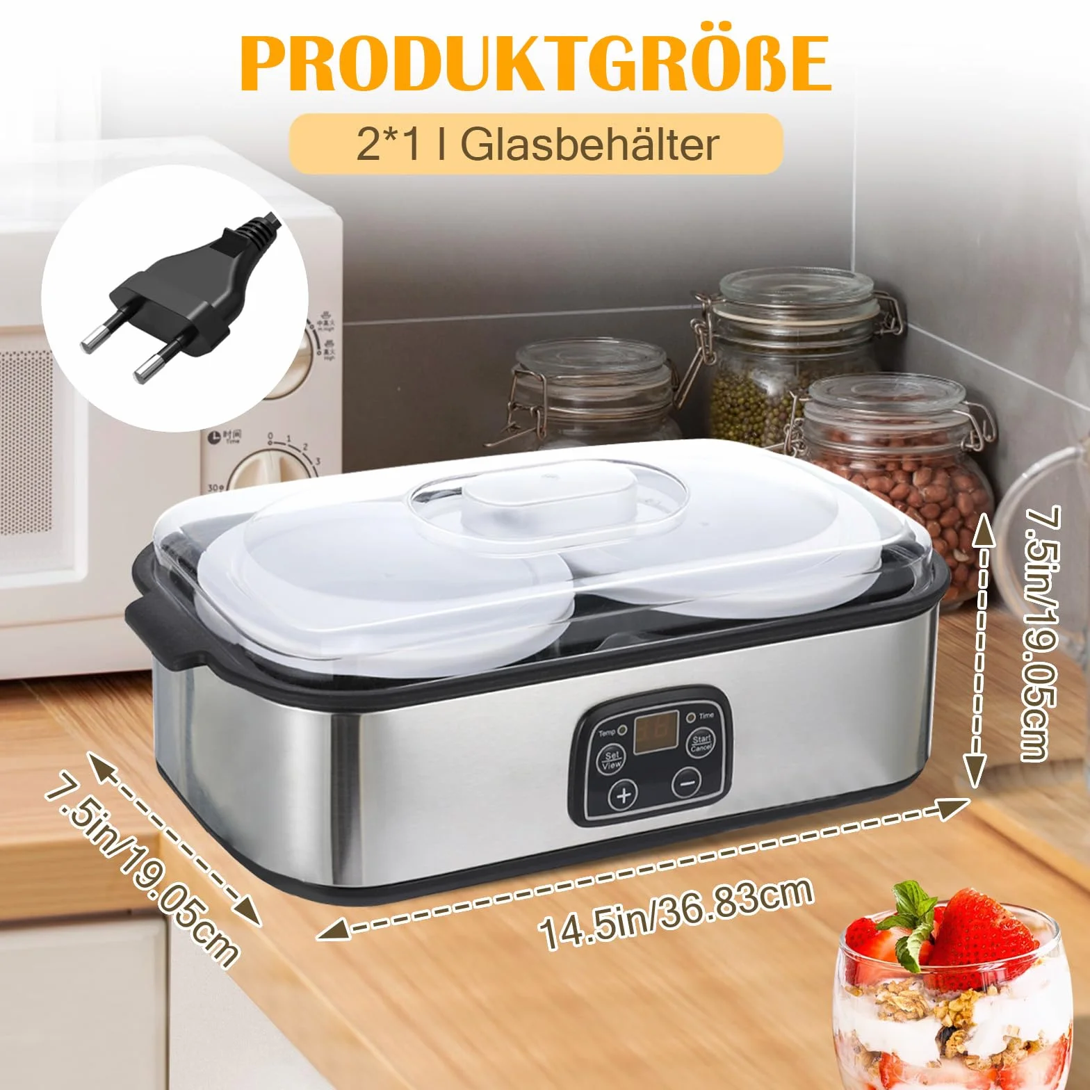 Urządzenie do przygotowywania jogurtów, 2 l, automatyczna cyfrowa maszyna do jogurtów z 2 szklankami, urządzenie do jogurtu z timerem i regulacją temperatury, do jogurtu greckiego, sera, natto, wina