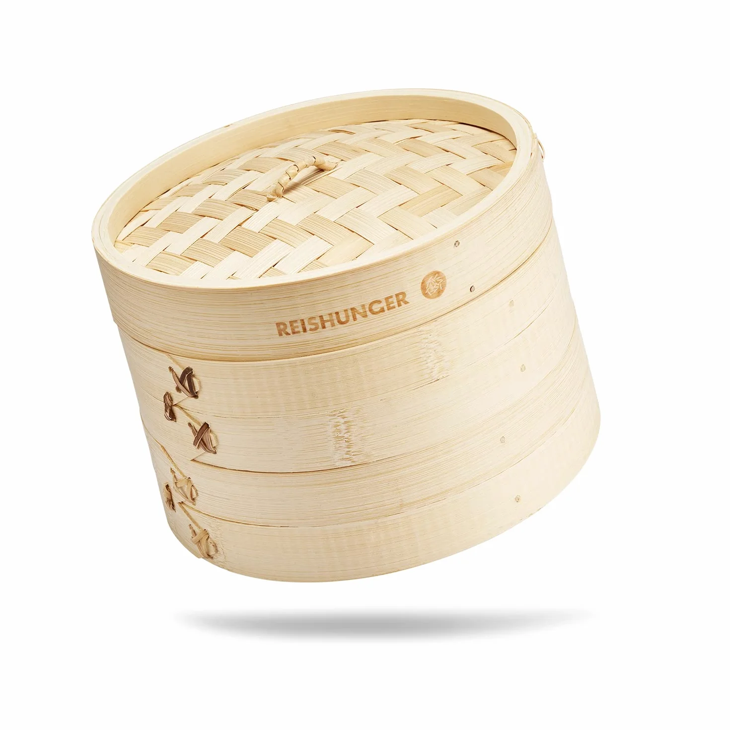 Reishunger Tradycyjny bambusowy parowar dla 4 osób (Ø 25 cm, 2 poziomy) do ryżu, deserów, warzyw, ryb i mięsa – urządzenie do przygotowywania dumpling Maker w zestawie z 2 bawełnianymi ściereczkami