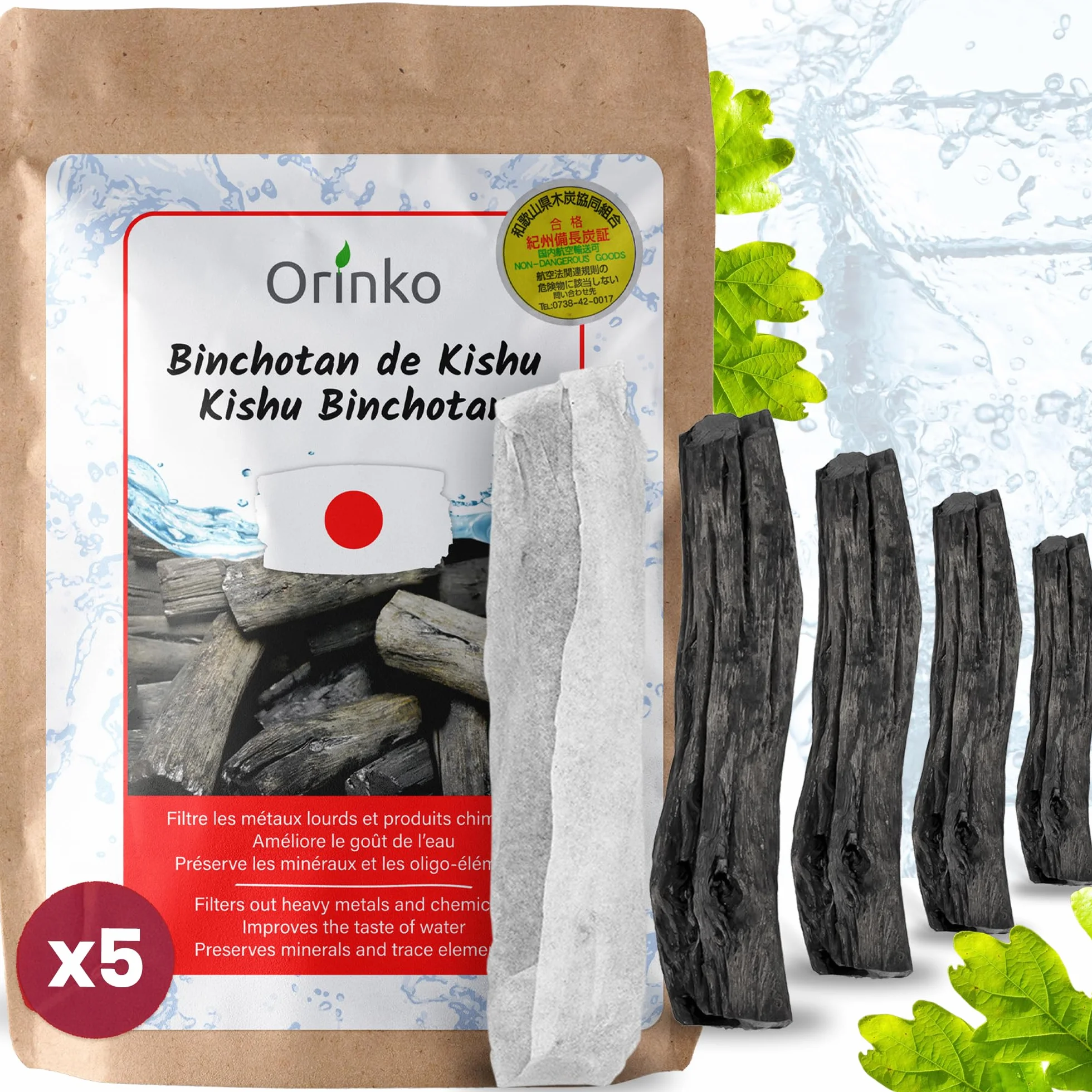 ORINKO Binchotan Kishu filtr do wody z kapusty, pałeczki X5, japoński węgiel aktywny do naturalnego oczyszczania wody, aktywny filtr węglowy, trwały, idealny do karafek i dzbanków