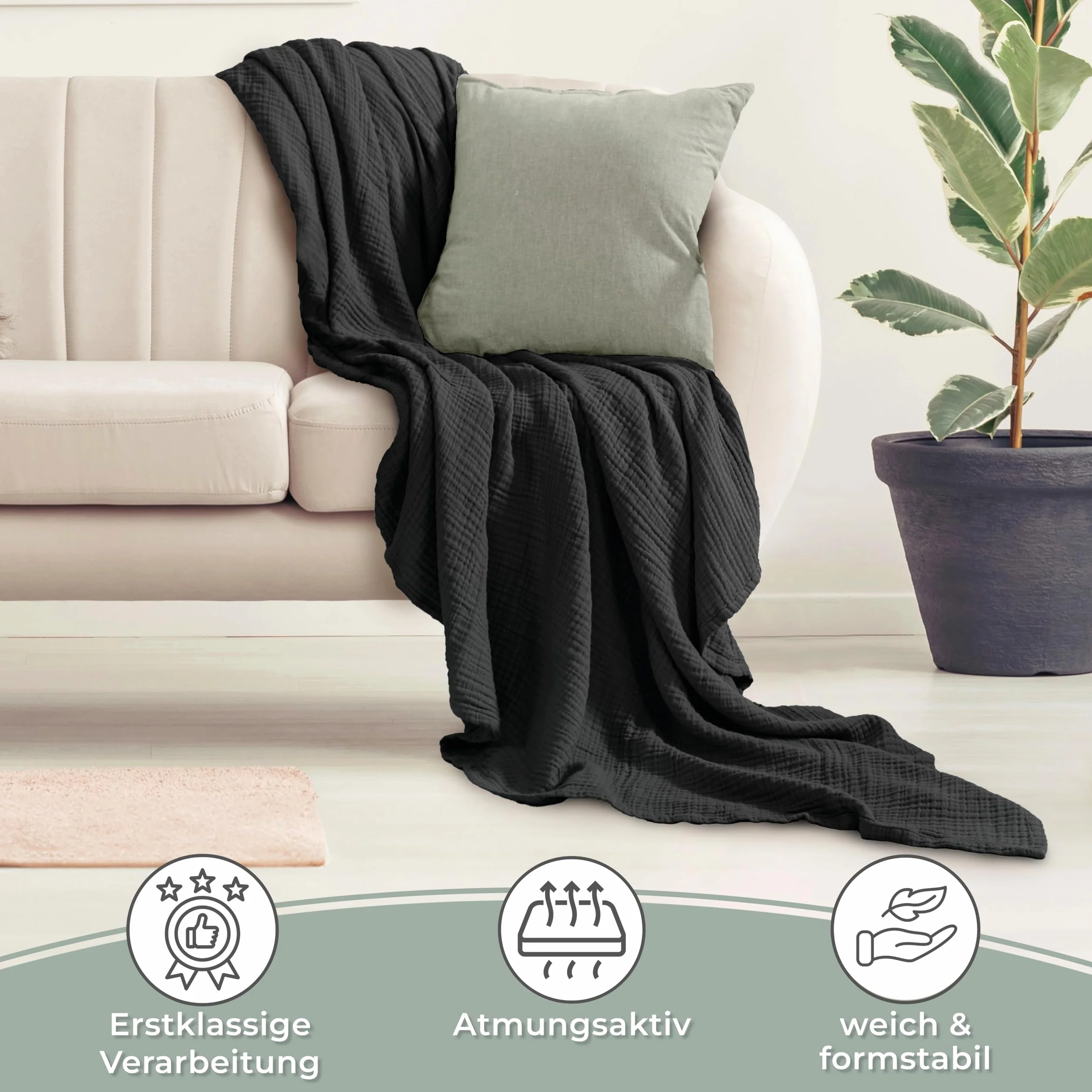LAYNENBURG Muślinowa narzuta klasy premium, 220 x 240 cm (rozmiar XXL), 100% bawełna, bardzo miękki koc bawełniany jako przytulny koc, narzuta na łóżko, sofę, ciepły koc (czarny)