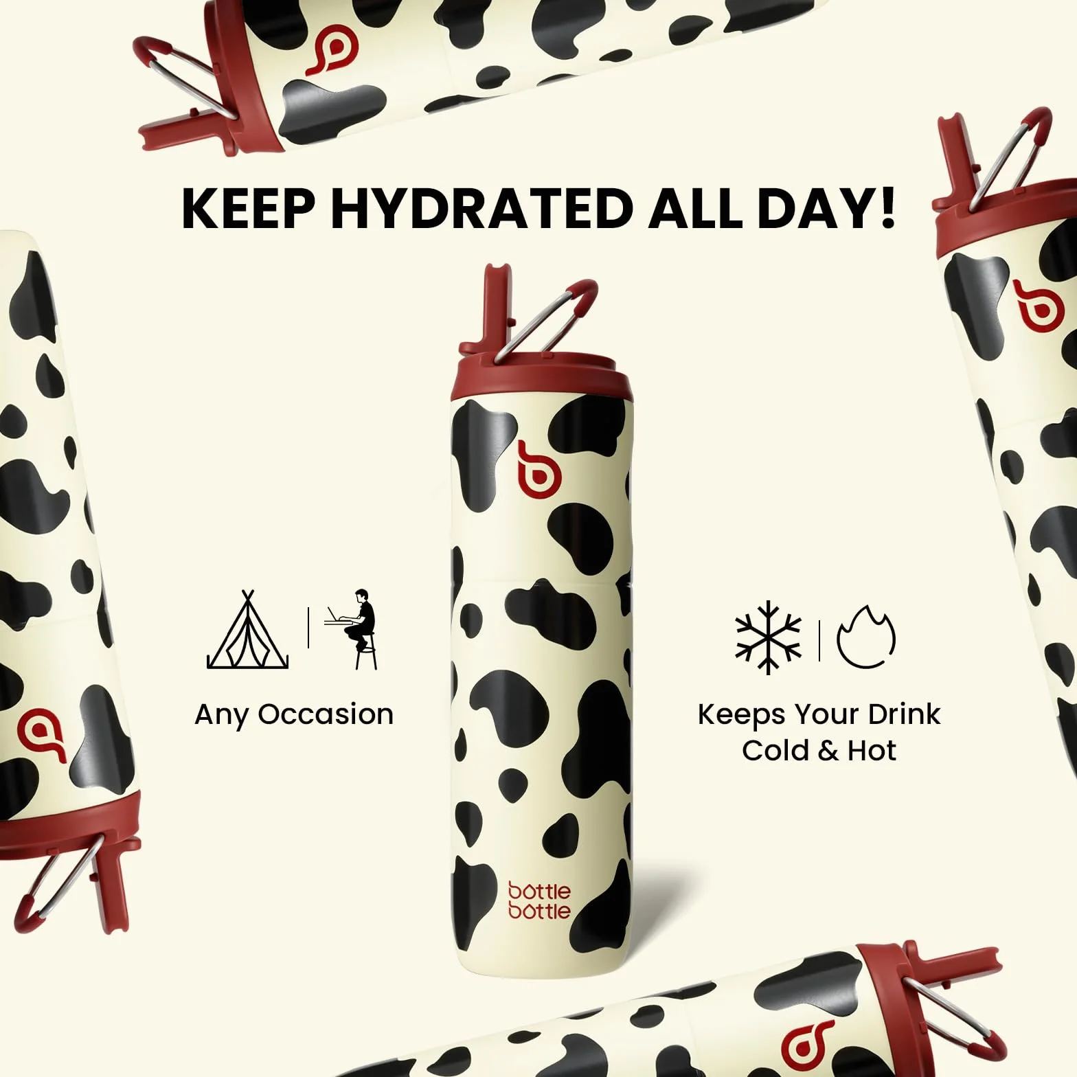 BOTTLE BOTTLE Butelka termiczna 750 ml ze stali nierdzewnej ze słomką i zakrętką – szczelna, bez BPA – do szkoły, podróży i fitnessu (wzór w krowie łaty)