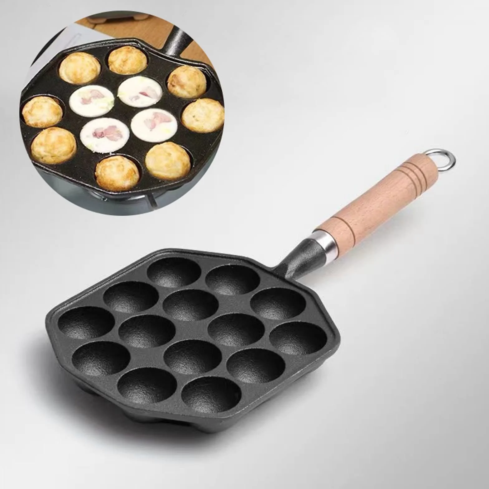 14 otworów Takoyaki patelnia do grilla, nieprzywierająca żeliwna ośmiornica, kulki mięsne, forma z odpinanym uchwytem, do domowego pieczenia naleśników