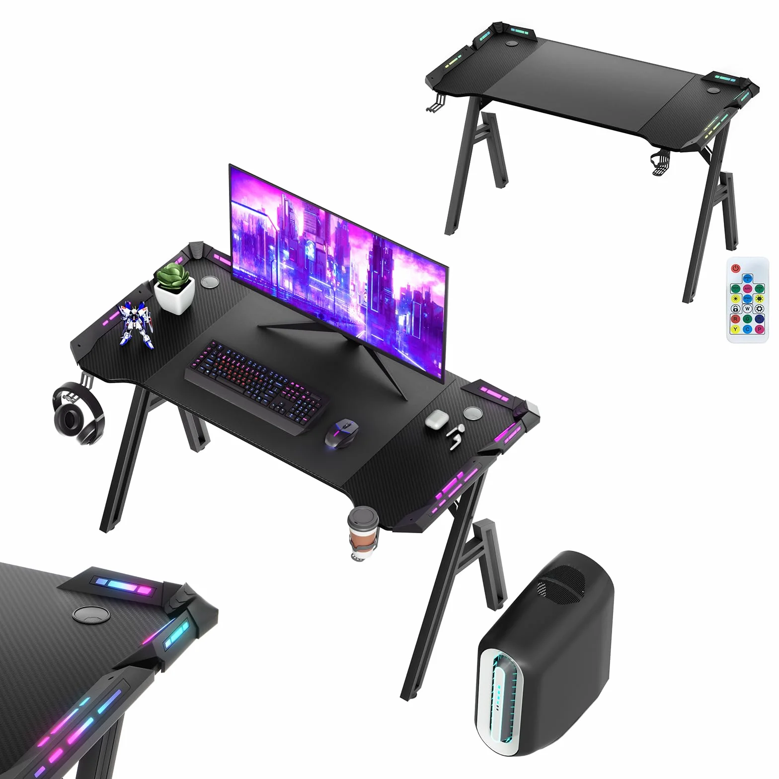 UISEBRT Biurko gamingowe, 120 x 60 cm, powierzchnia z włókna węglowego w kształcie litery A, biurko komputerowe z oświetleniem RGB LED, ergonomiczne biurko narożne z hakiem na słuchawki i uchwytem na