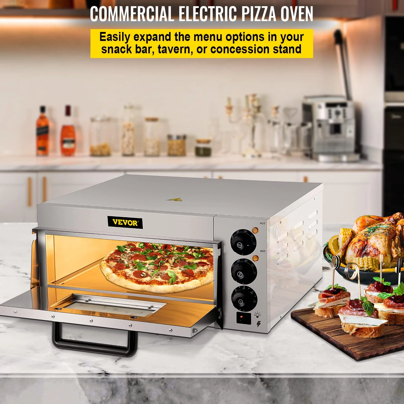 VEVOR Elektryczny piec do pizzy na desery, mięso, ryby, jednokomorowy 2000W, oświetlenie wewnętrzne, piekarnik elektryczny z regulacją temperatury 50-350 ℃ Kamień do pizzy o średnicy 14 cali, Srebrny