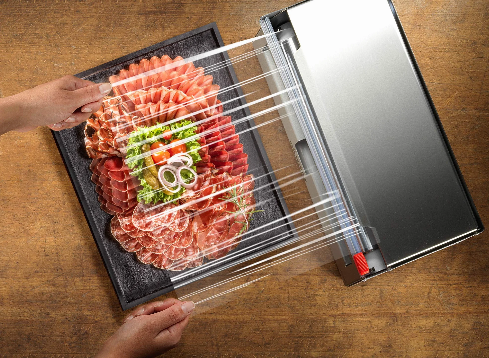system do ponownego napełniania folii spożywczej ze stali nierdzewnej, zestaw startowy do gastronomii z 500m Jet-Cut + 70m folii Alustar, 1 sztuka
