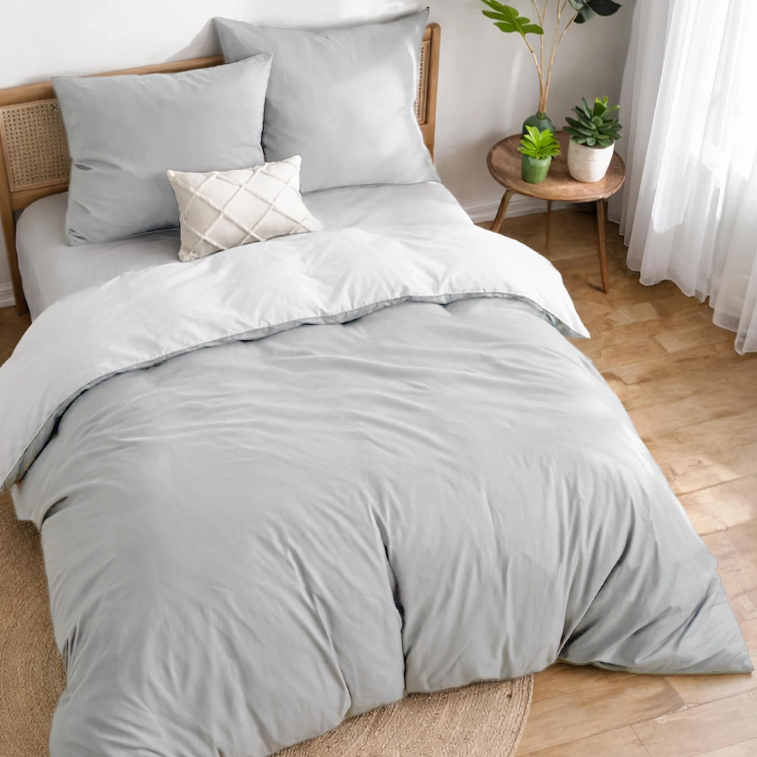 Dreamzie Bawełniana Pościel Dwustronna 200x200 Jasnoszara - 3-Częściowy Komplet Oeko-Tex