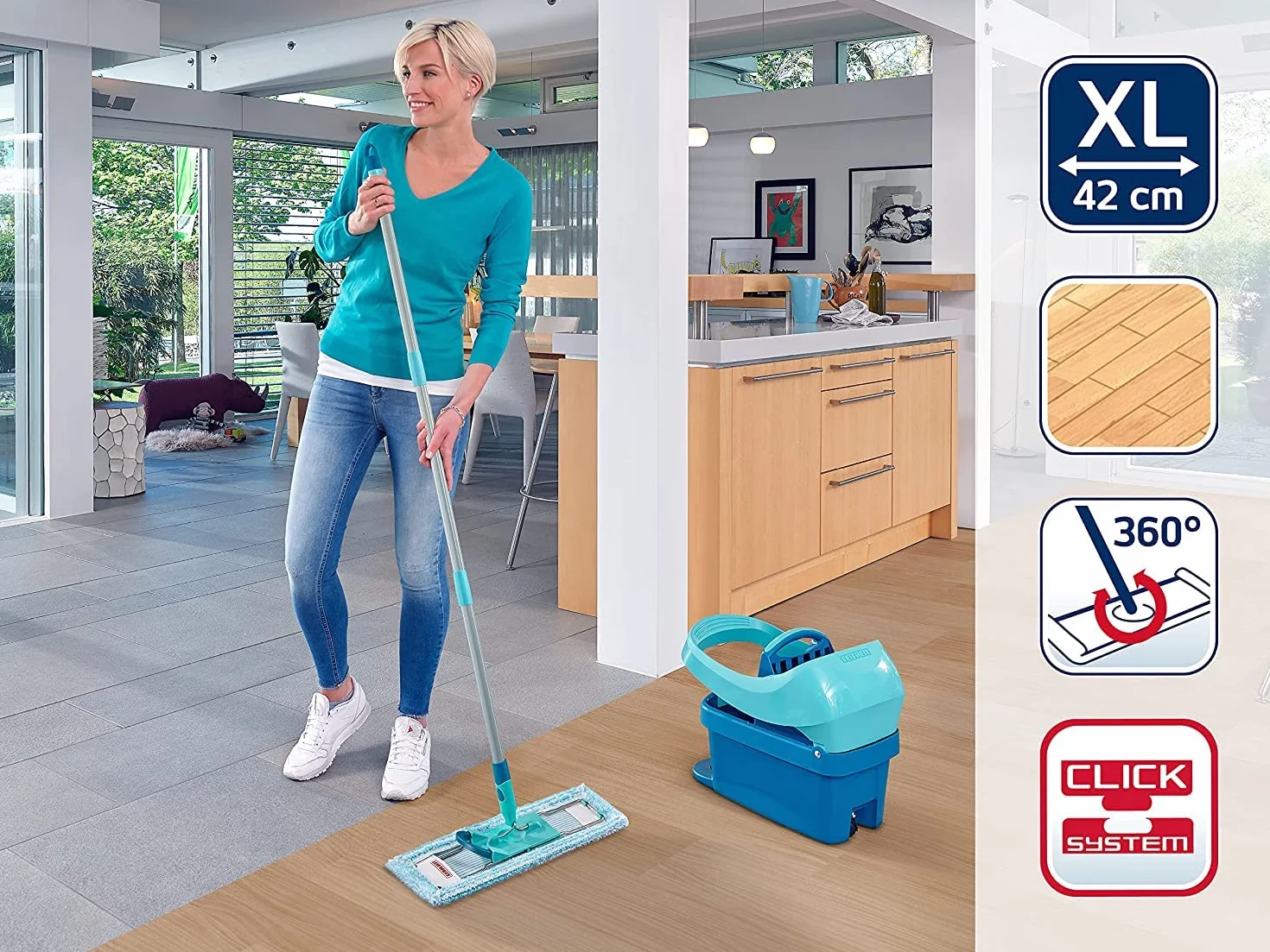 Leifheit Wycieraczka podłogowa Profi XL chroniąca plecy super miękka, stalowy trzonek 146 cm, mop z kliknięciem nożnym, nakładka do parkietu i korka, przegub obrotowy 360°, system zatrzaskowy, karton