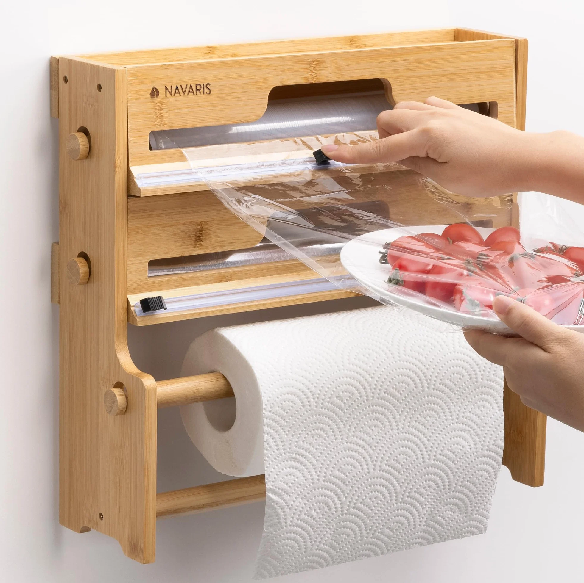 Navaris Dozownik folii spożywczej 3 w 1 z nożem – oszczędzający miejsce organizer do przechowywania rolek kuchennych i folii – bambusowy uchwyt na folię aluminiową i folię spożywczą z miejscem na