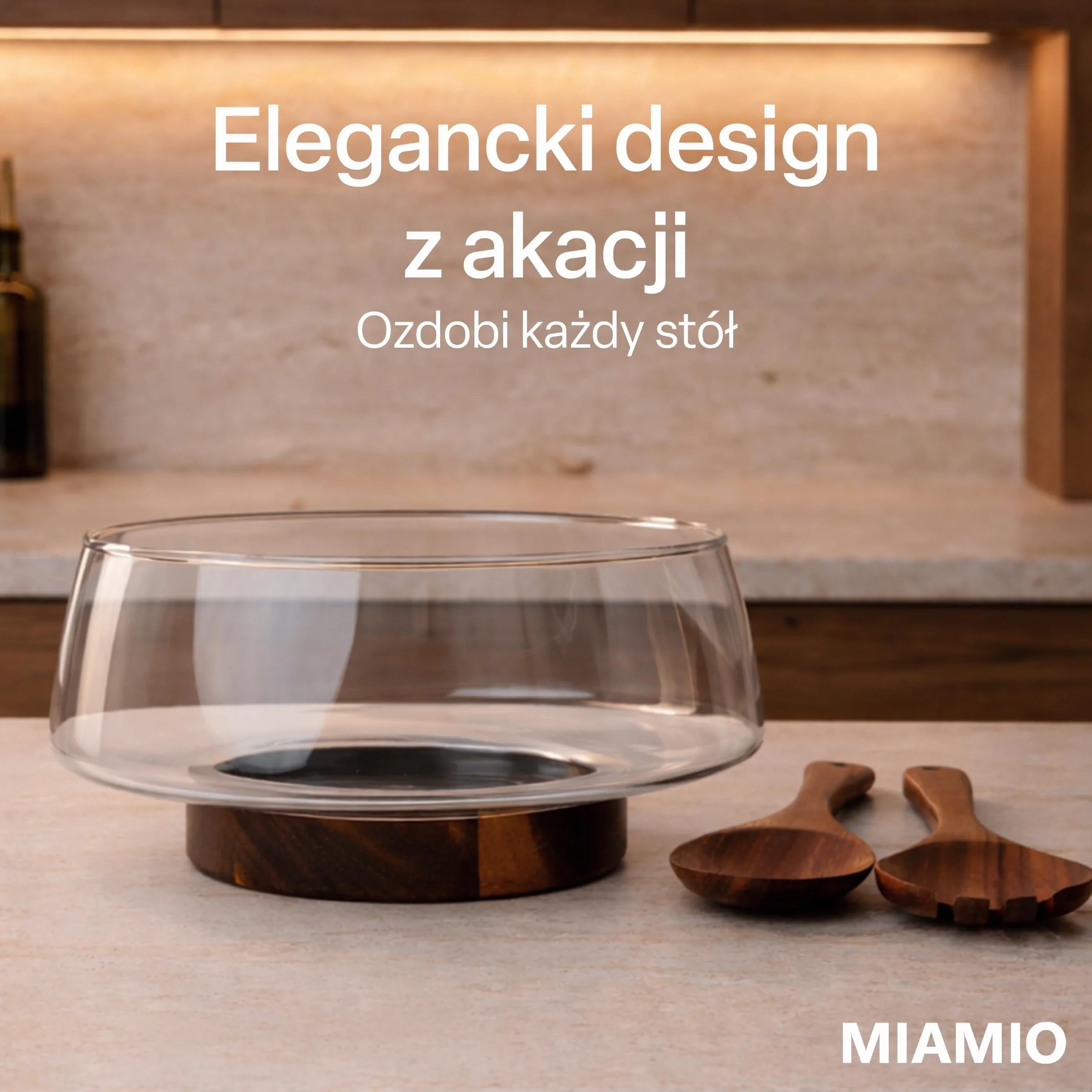 MIAMIO Duża Szklana Miska do Sałatki 3,5L z Drewnianą Podstawą Akacjową
