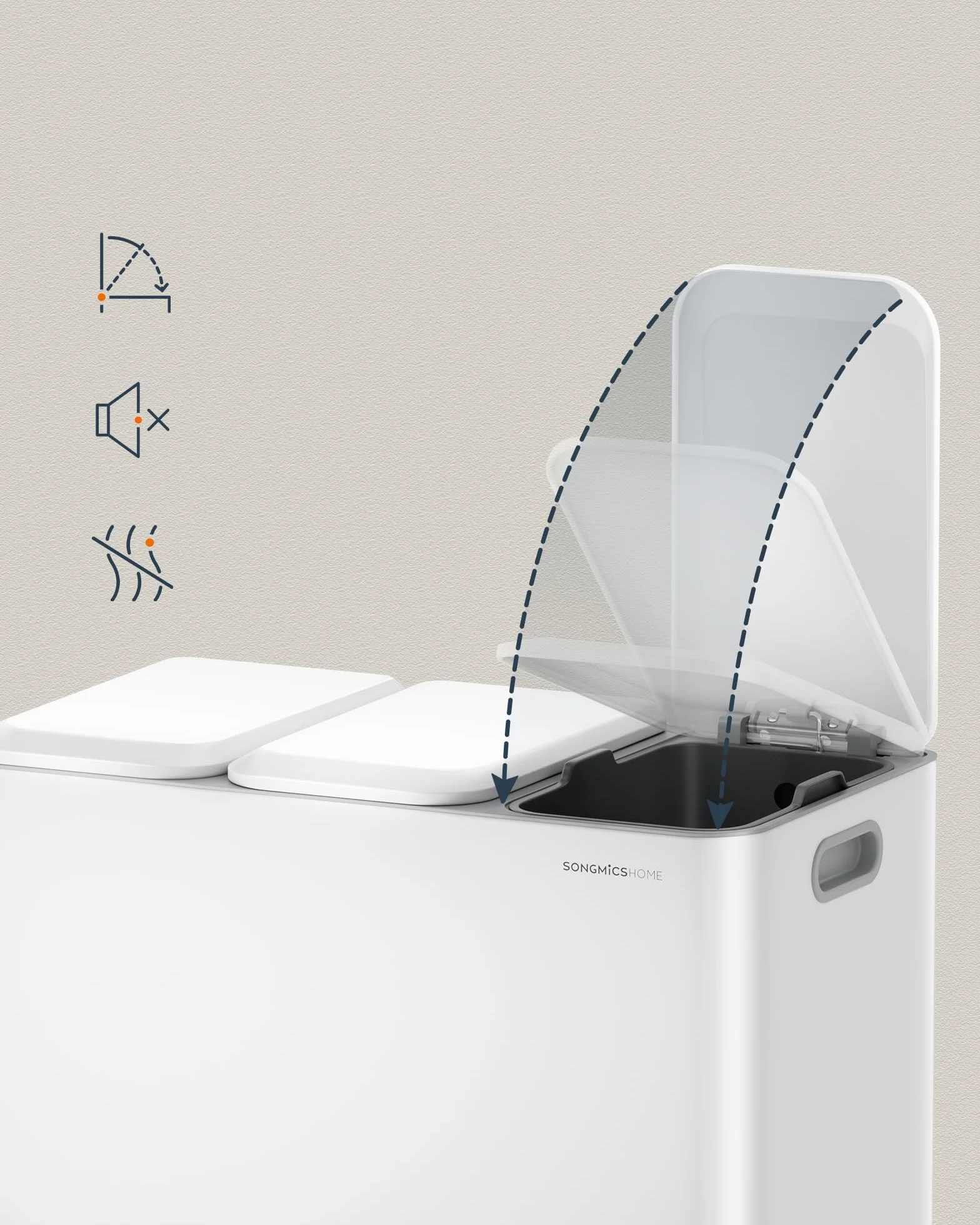 SONGMICS HOME Potrójny kosz kuchenny, 15 l, z kolorowymi pedałami, systemem oddzielania odpadów, pokrywkami i wewnętrznymi wiaderkami, stal, Cloud White LTB740W02V1