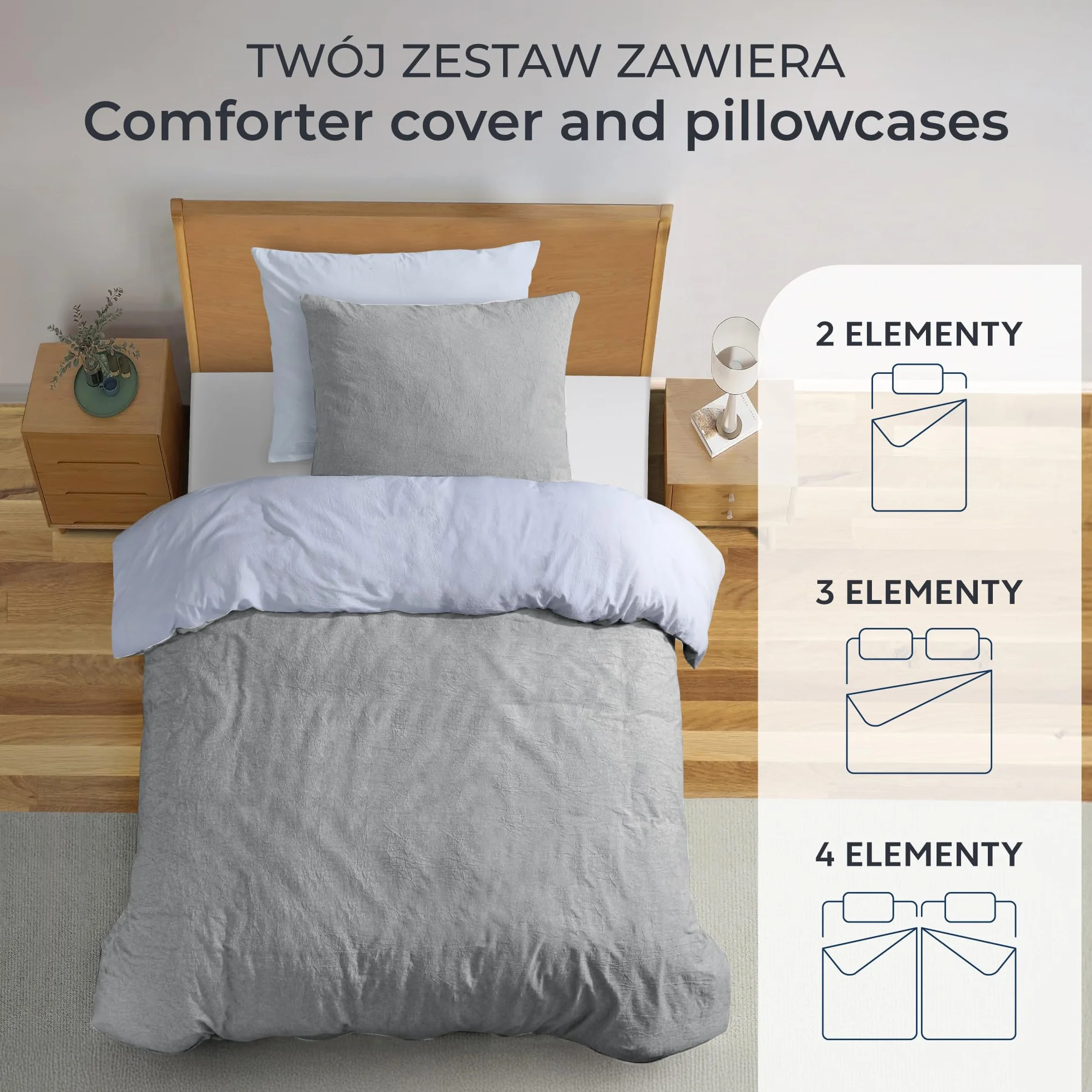 Dreamzie Bawełniana poszwa na kołdrę 135x200 z 2 poszewkami 80x80 Jasnoszary Pościel 100% pranej bawełny z zamkiem Oeko TEX