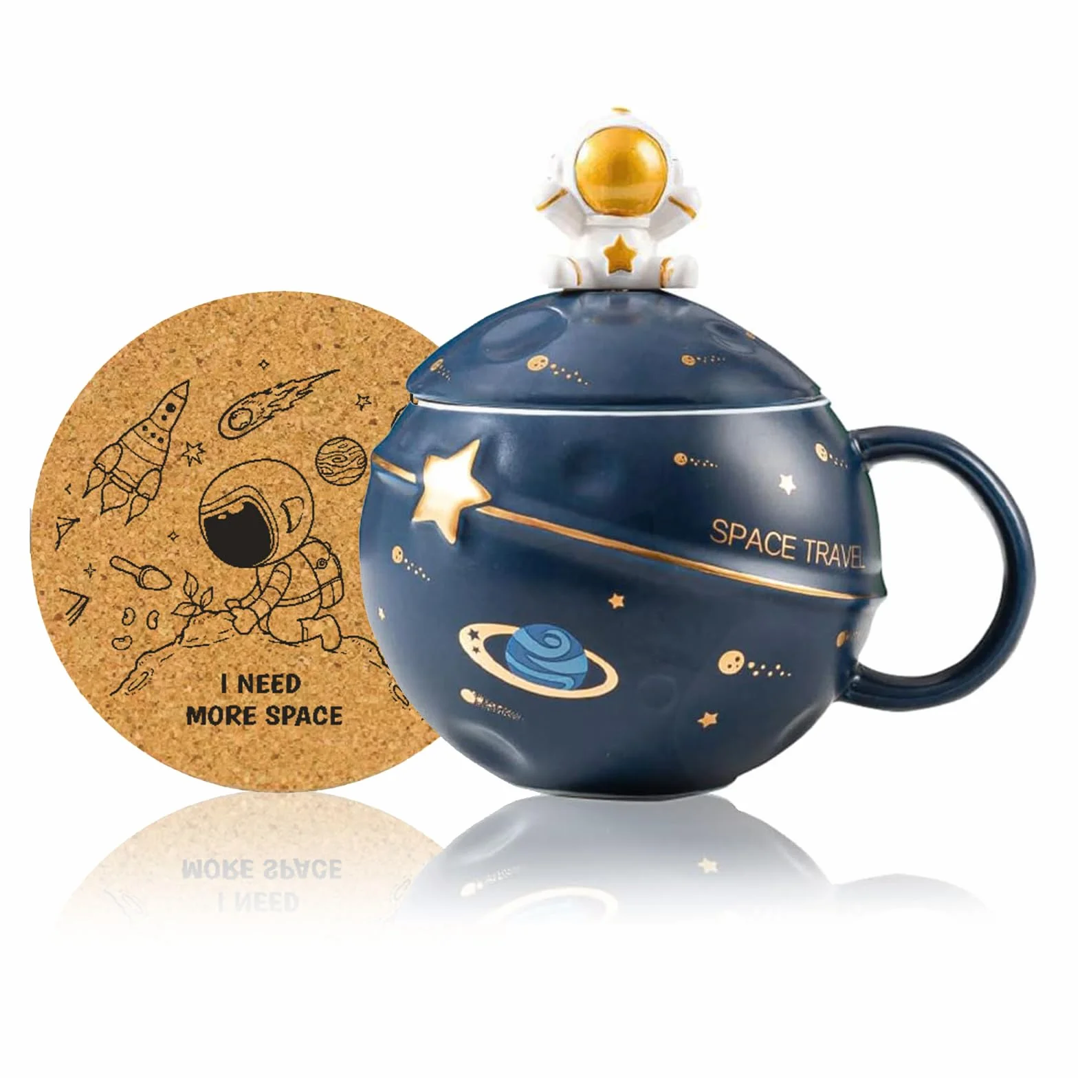 Yalucky Kawaii kubek astronauty z wytłoczoną planetą, uroczy ceramiczny kubek do kawy, nowość kubek z pokrywką i łyżką do kawy, herbaty, mleka, estetyczna dekoracja pokoju (granatowy)