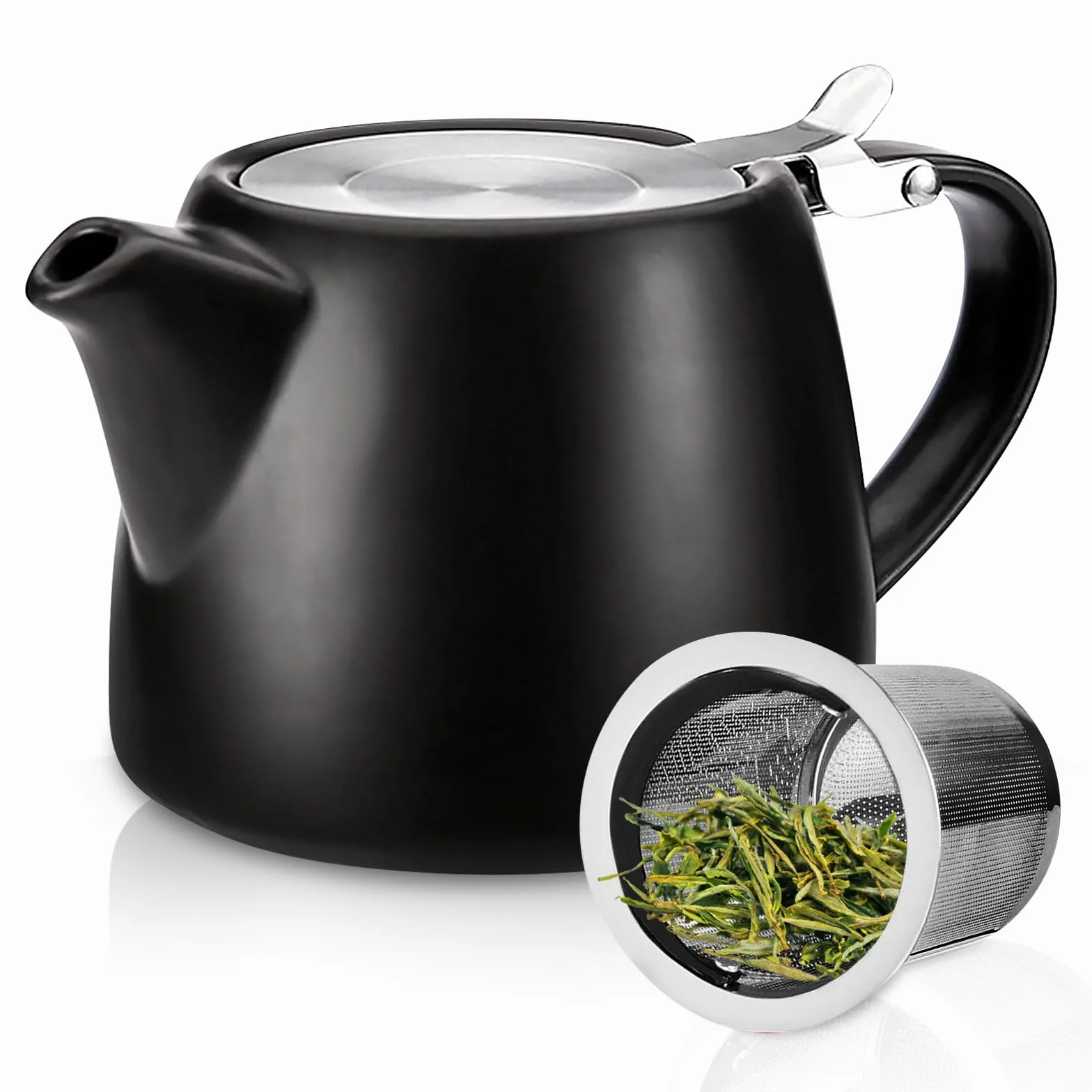 PORFOYO Dzbanek do herbaty z sitkiem, 500 ml, ceramiczny dzbanek do herbaty z wyjmowanym sitkiem ze stali nierdzewnej, ceramiczny dzbanek do herbaty, stal nierdzewna, z drobnymi oczkami, porcelanowy