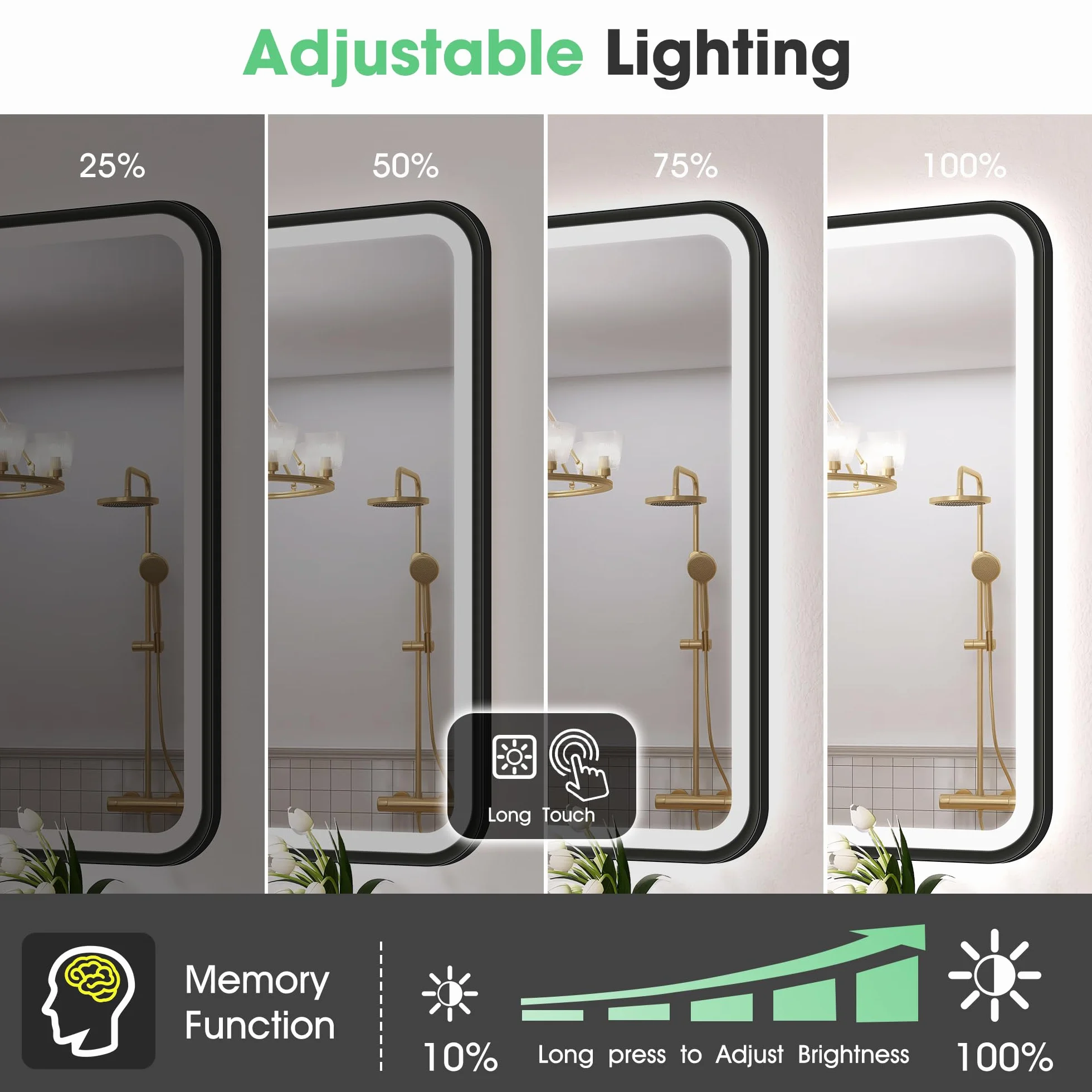 S'bagno Lustro łazienkowe ze światłem 80 x 60 cm, lustro łazienkowe LED z aluminiową ramą, Anti-Fog, 3000-6500K, funkcja pamięci, wodoodporna IP44, pozioma/pionowa, czarna