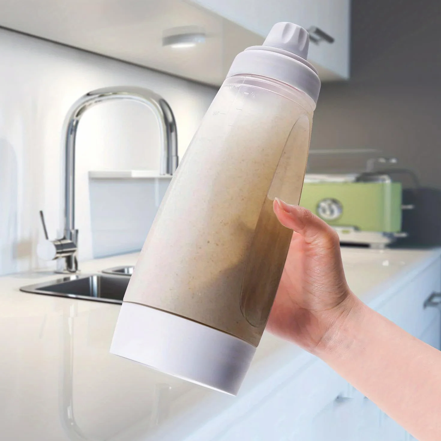 Dozownik do ciasta ze skalą, dozownik do ciasta o pojemności 1000 ml z trzepaczką BlenderBall, do naleśników, gofrów, muffinek lub pączków (biała)