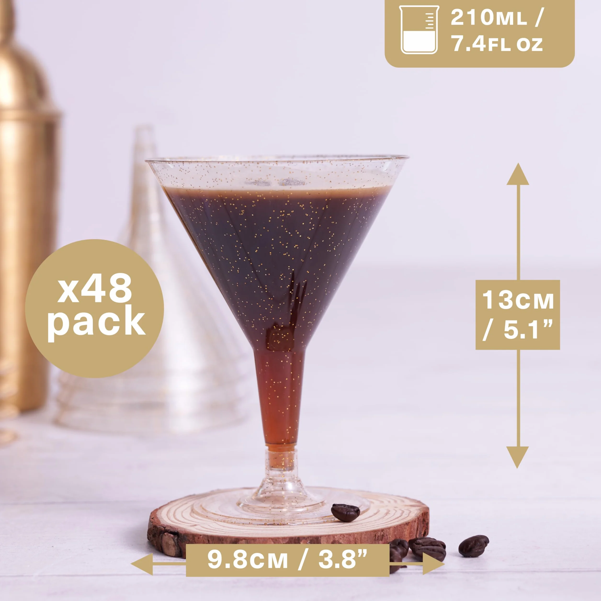 MATANA 48 Premium plastikowe kieliszki koktajlowe Martini ze złotym brokatem (210 ml) - eleganckie i wielokrotnego użytku - Manhattan, Margarita, Cosmopolitan, Desery, wesela, urodziny, imprezy