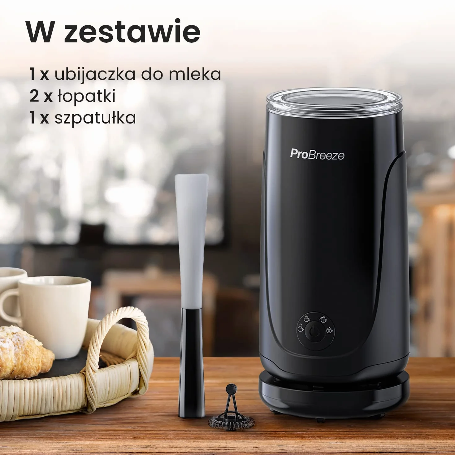 ProBreeze Elektryczny Spieniacz do Mleka 4w1 na Ciepło i Zimno, Podgrzewacz Ubijacz, Mikser do Śmietanki, Cichy, do Kawy Cappuccino Frappe Gorącej Czekolady, Czarny