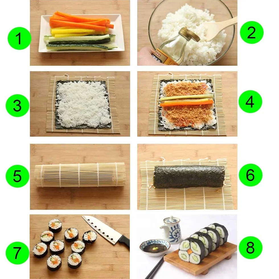 Zestaw do sushi dla początkujących – 10 części: 2 maty, solniczka do ryżu, wiosło Paddy, 5 pałeczek, worek do pakowania – DIY Sushi Maker