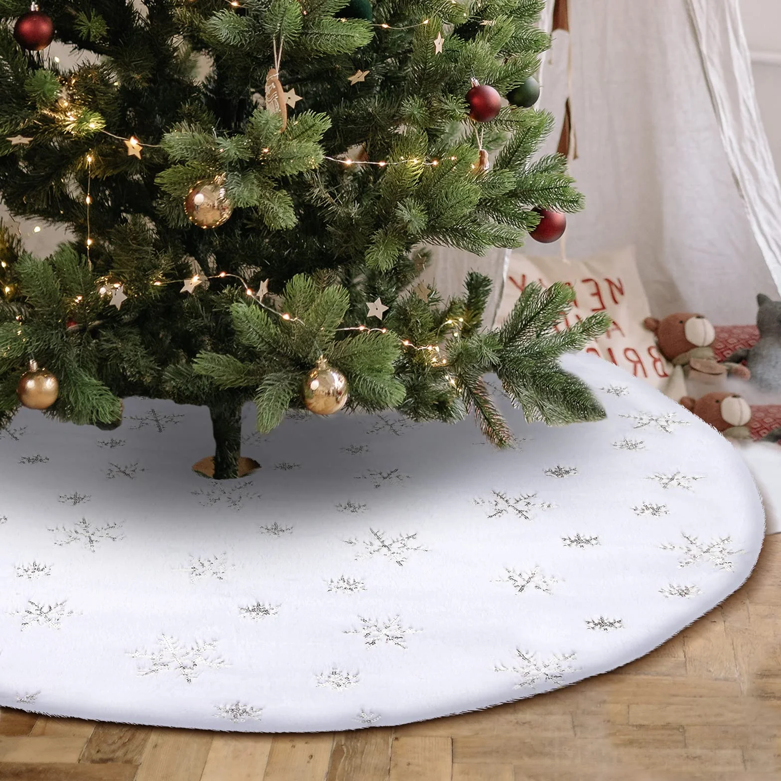 Okrągły dywanik pod choinkę, 78 cm, ze srebrnymi płatkami śniegu, biały pluszowy koc ze sztucznego futra, kolorowy stojak na choinkę (78, srebrny)