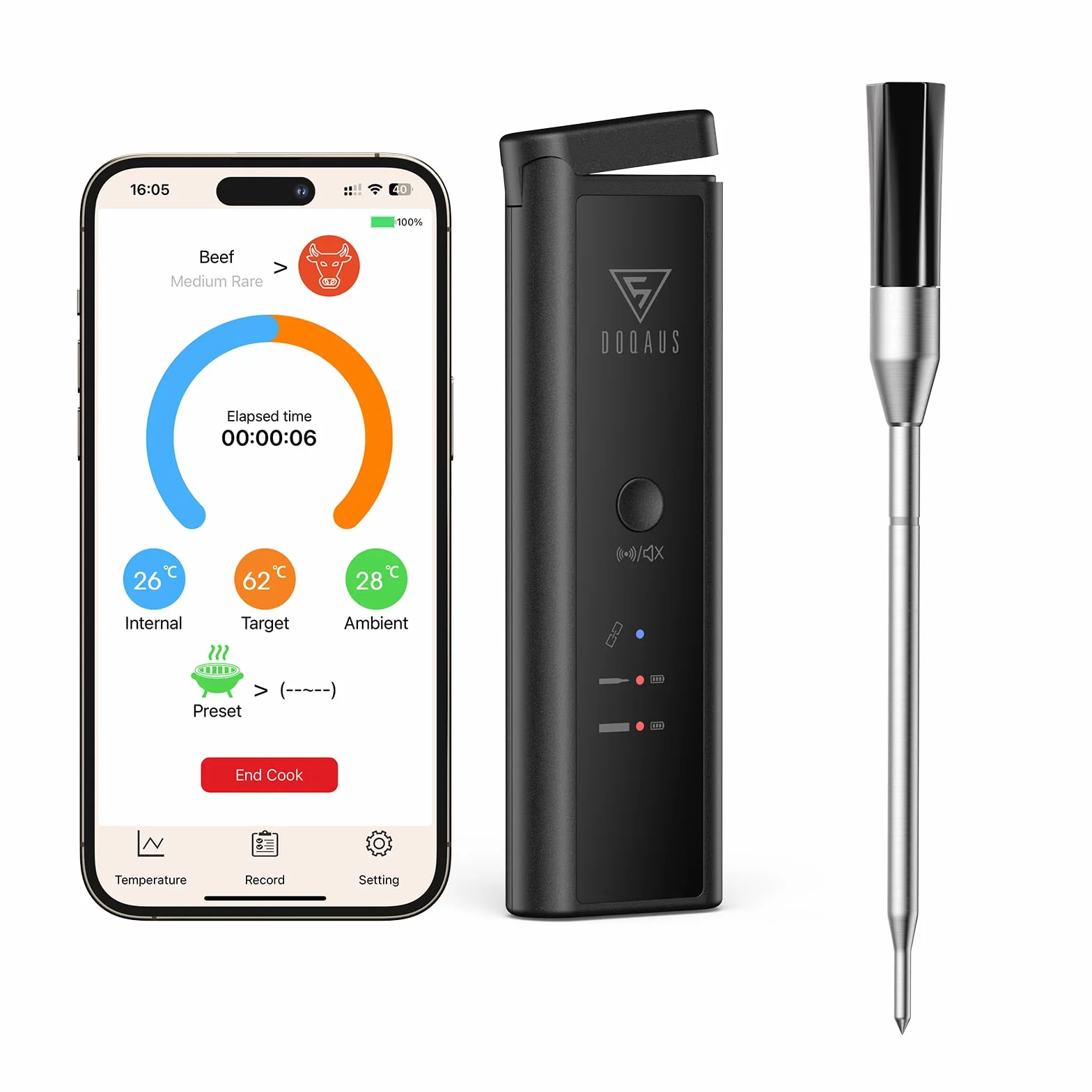 DOQAUS Termometr do mięsa, bezprzewodowy, 158m, Bluetooth, termometr do grilla, 1S-Odpowiedź, Termometr do mięsa, IPX7 wodoodporny, termometr do smażenia, do grilla, piekarnika, wędzarni, rotisserie