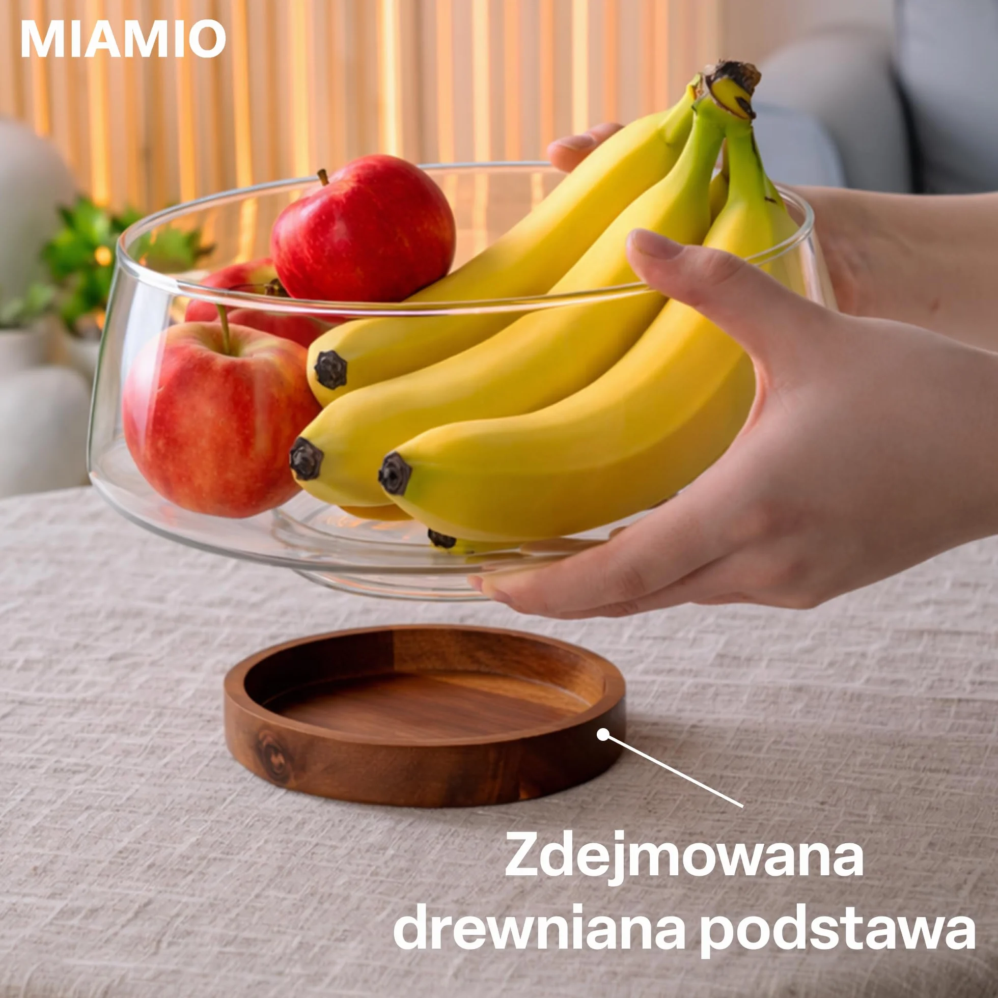 MIAMIO Duża Szklana Miska do Sałatki 3,5L z Drewnianą Podstawą Akacjową