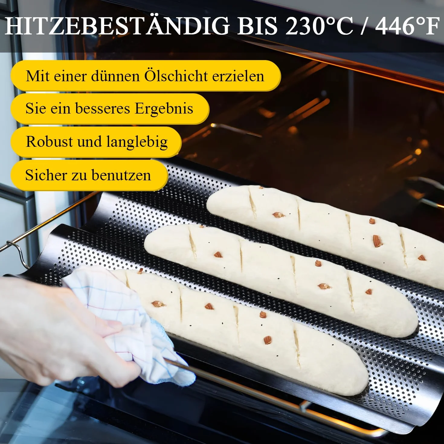 Hotec Forma do pieczenia 3 bagietek z powłoką zapobiegającą przywieraniu, idealna jako forma do bagietek, akcesoria do pieczenia chleba, blacha do pieczenia bagietek (38 x 24,5 cm), czarna