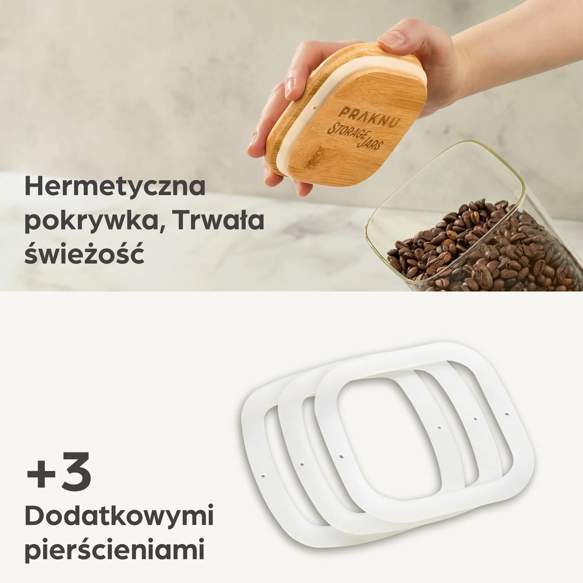Praknu Słoiki Szklane 1L Zestaw 3 Sztuk z Bambusowymi Pokrywkami Hermetyczne Kwadraty
