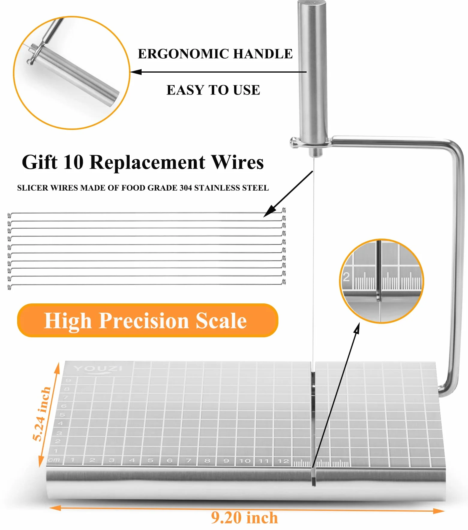 Cheese Slicer & Cheese Cutter | Stainless Steel cheese slicer with 10 Replacement-wires | Cheese Cutter for Block Cheese Metal Cheese Slicer Cutting Board Kitchen Gadgets Gift Set for Cheese Butter