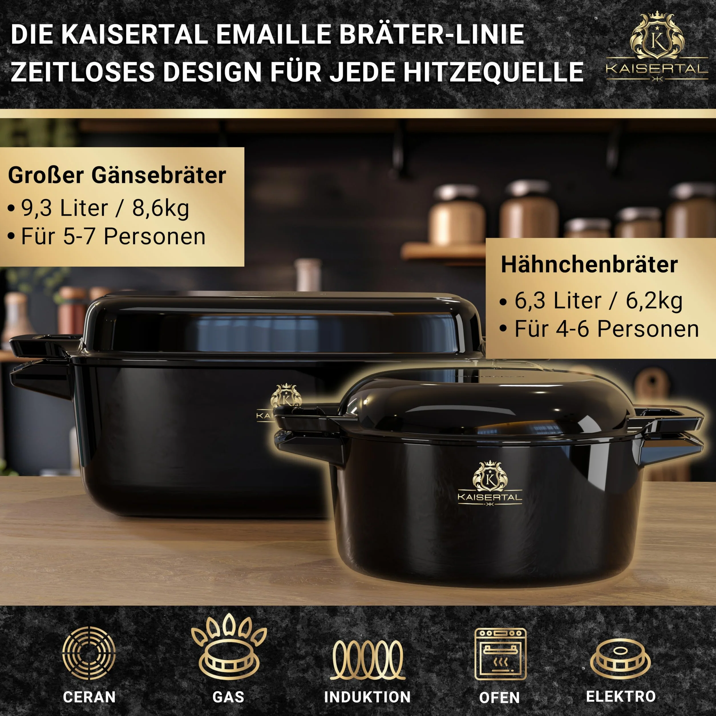 KAISERTAL emaliowany garnek żeliwny – 2 w 1 brytfanna z pokrywką 4,8 l i patelnia żeliwna 1,8 l – garnek do duszenia z pokrywką i żeliwną brytfanną – garnek do pieczenia chleba, garnek do pieczenia na