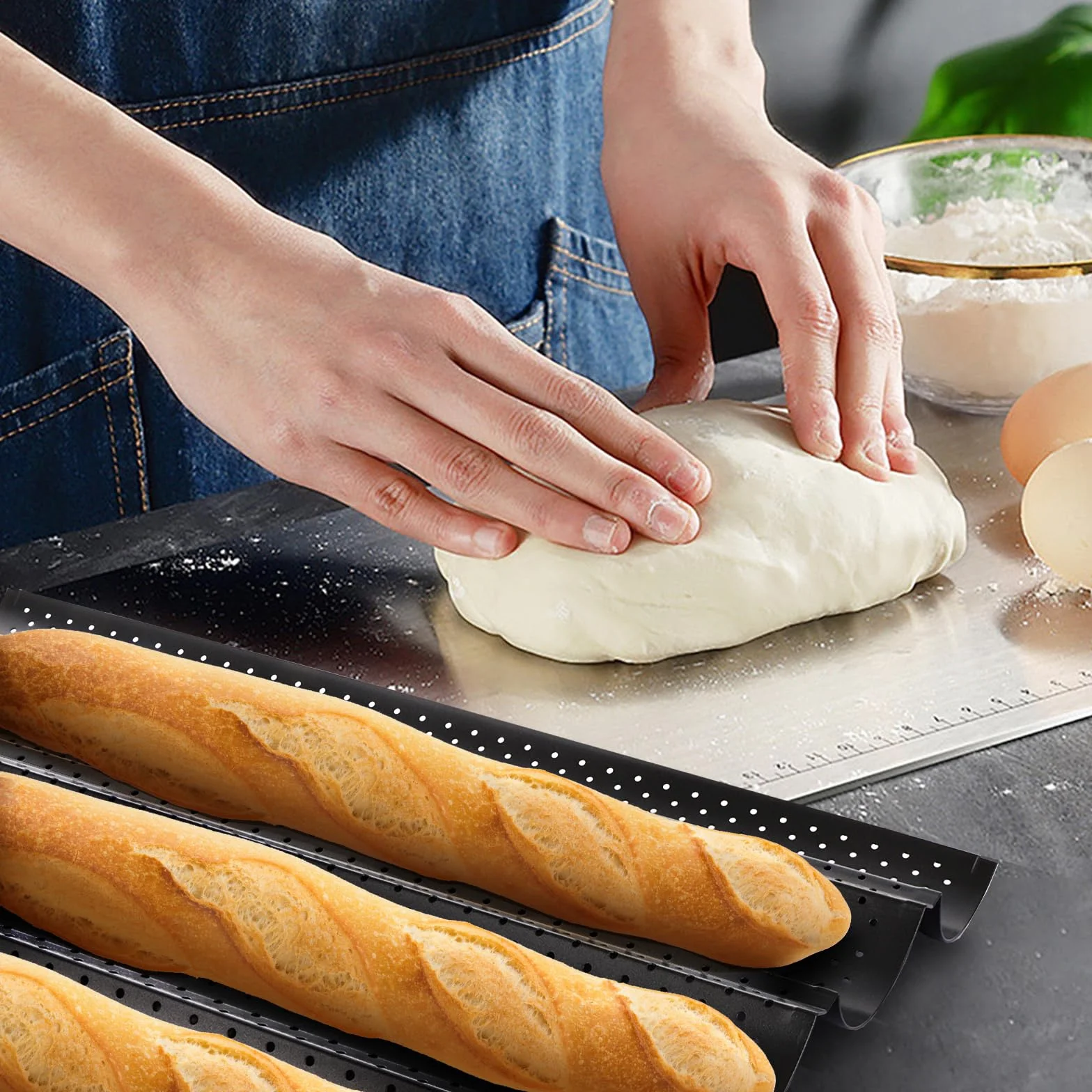ASelected Blacha do pieczenia bagietek, z powłoką zapobiegającą przywieraniu, forma do pieczenia bagietek, 4 bagietek, forma do pieczenia chleba, perforowana, blacha bagietek, bułeczki z 4